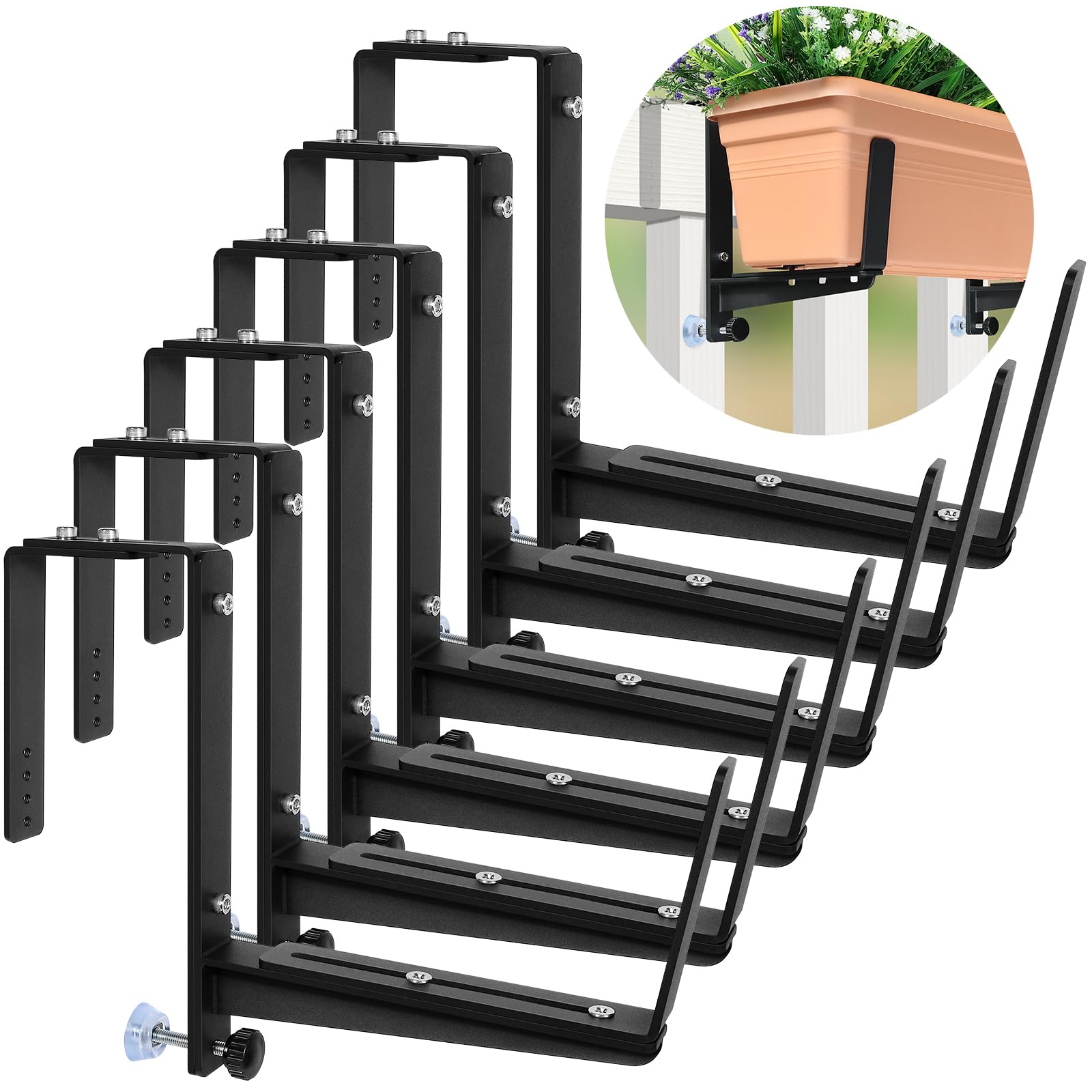 VOXOR Window Box Brackets, Adjustable Planter Box Brackets, Heavy Duty Iron Flower Box Brackets for Railings, with Enhanced Bottom Support - Perfect for Balconies, Fences, and Gardens (6 Pack)