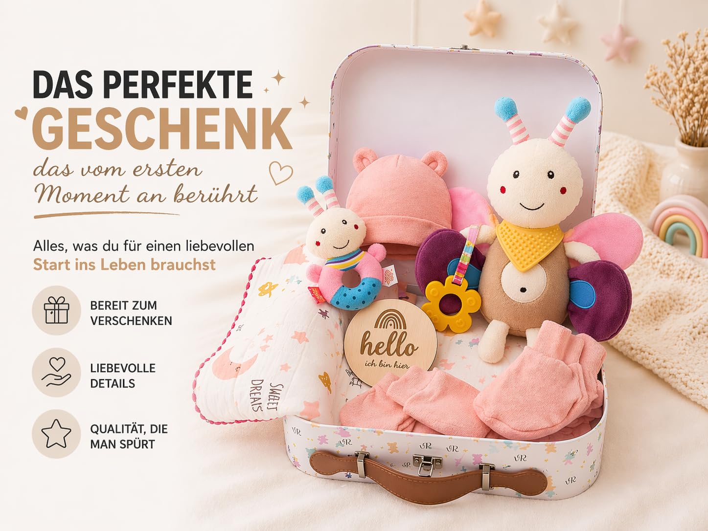 Baby Geschenkset Windeltorte – Neugeborenen Geschenkbox mit sensorischem Kuscheltier, passender Rassel & Babyzubehör – Ideales Geburtsgeschenk für Jungen und Mädchen