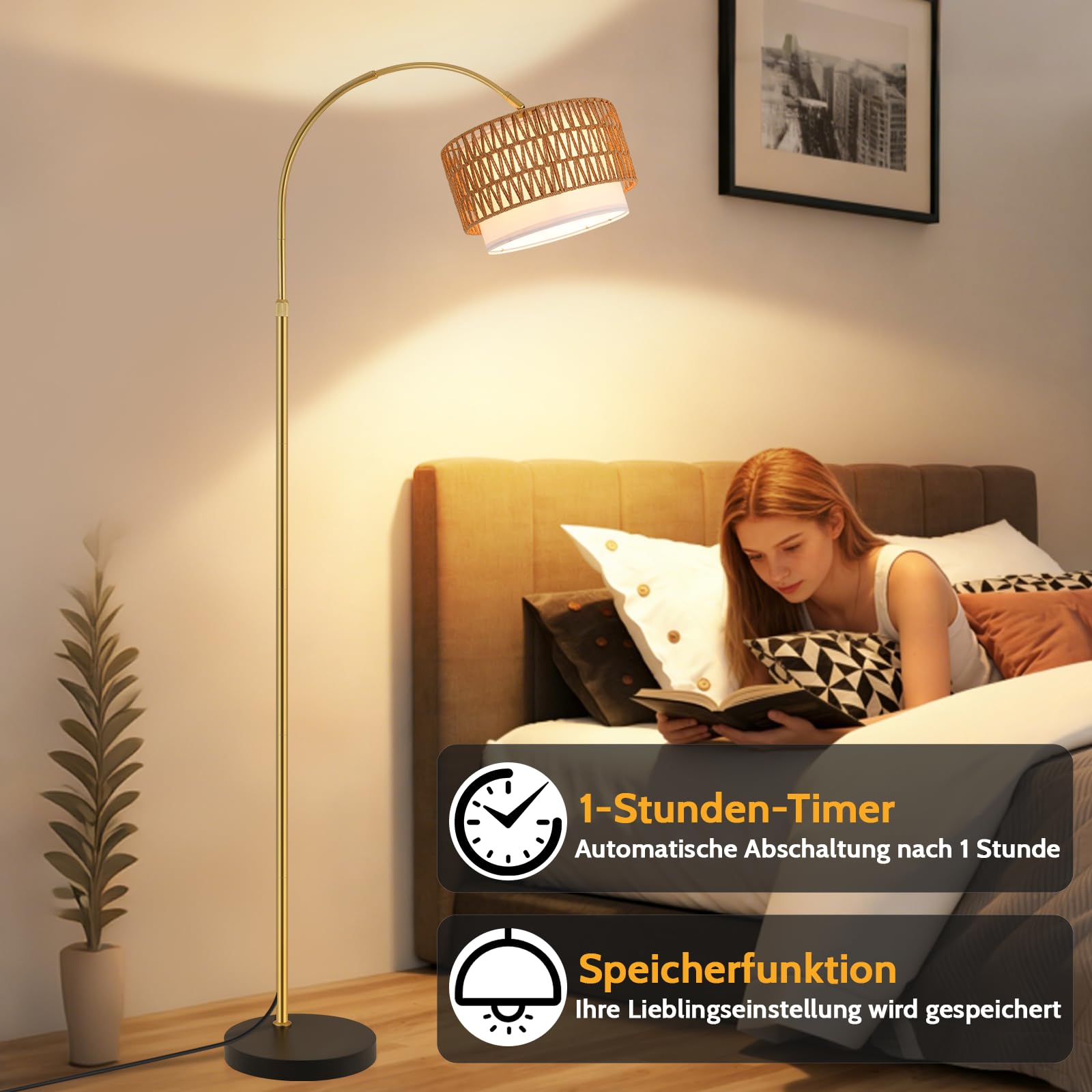 Lampada da terra ad arco per soggiorno, stile boho dorato: lampada da terra in rattan, dimmerabile con telecomando, lampada ad arco incl. 1 LED da 9 W adatta per ufficio e camera da letto