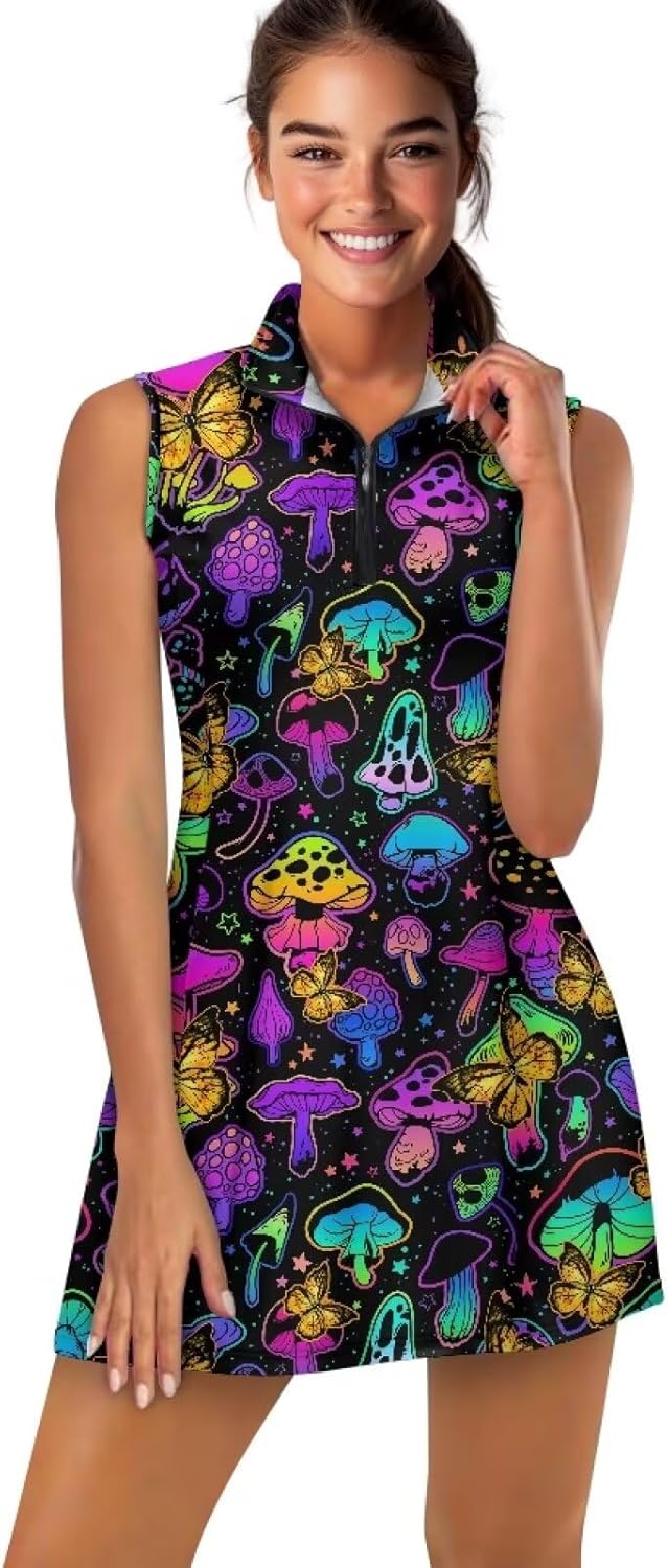 Collared Tennis Dress with Shorts and Pockets Sleeveless Half Zip Athletic Workout Dress for Women Plus Size XS-2XL