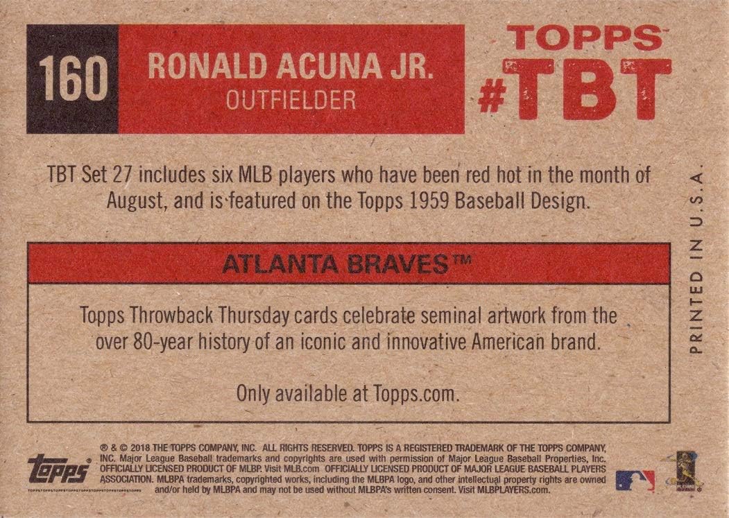 2018 Topps Throwback Thursday (TBT) #160 Ronald Acuna Jr. Baseball Rookie Card - Only 1,588 made!