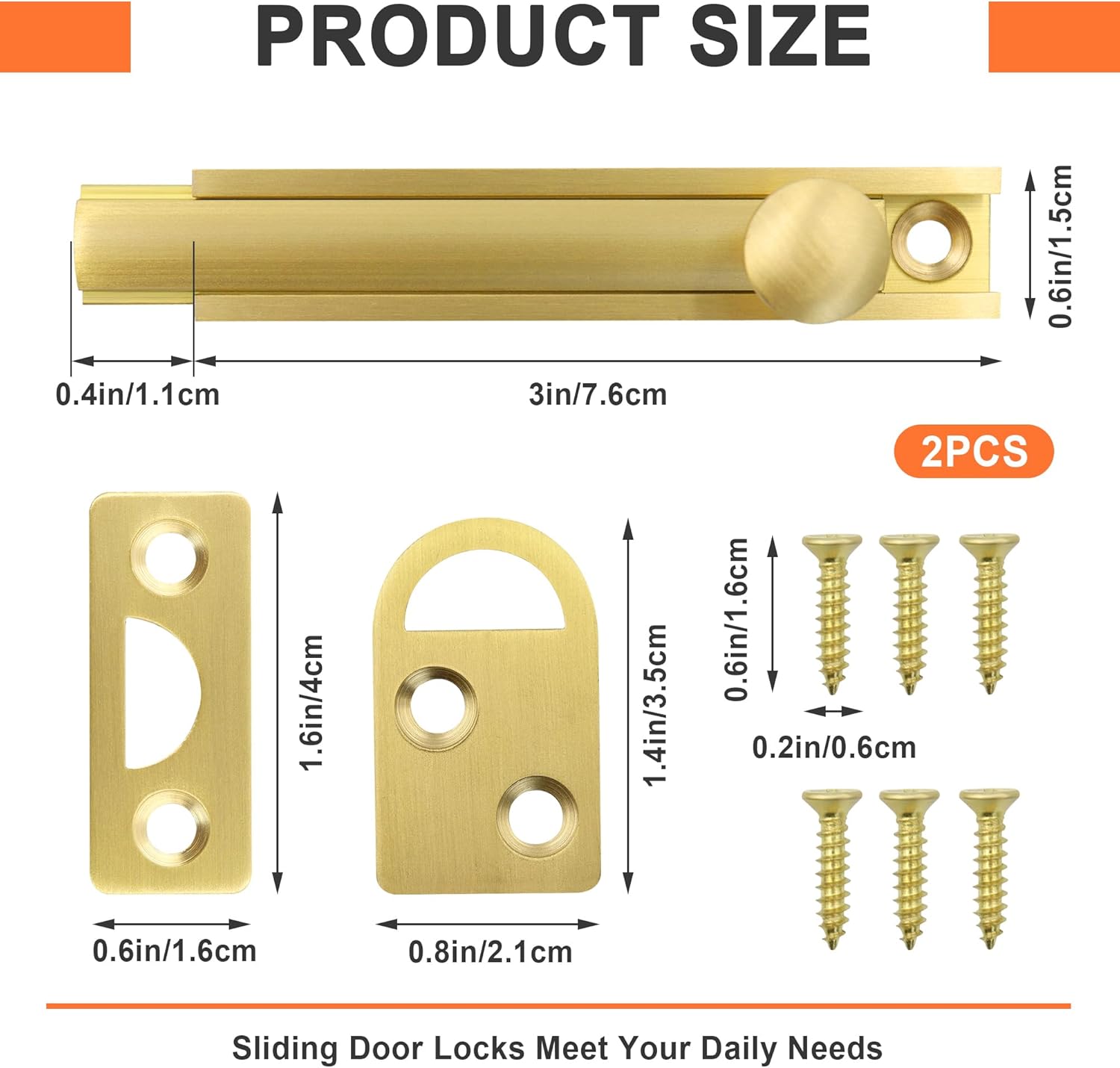 2 Pack Solid Brass Surface Bolt 3 Inch Concealed Slide Barrel Bolt Latch with Screws Heavy Duty Slide Locks for Inside Door French Door Lock for Windows Yard Fence Gold (3 Inch)
