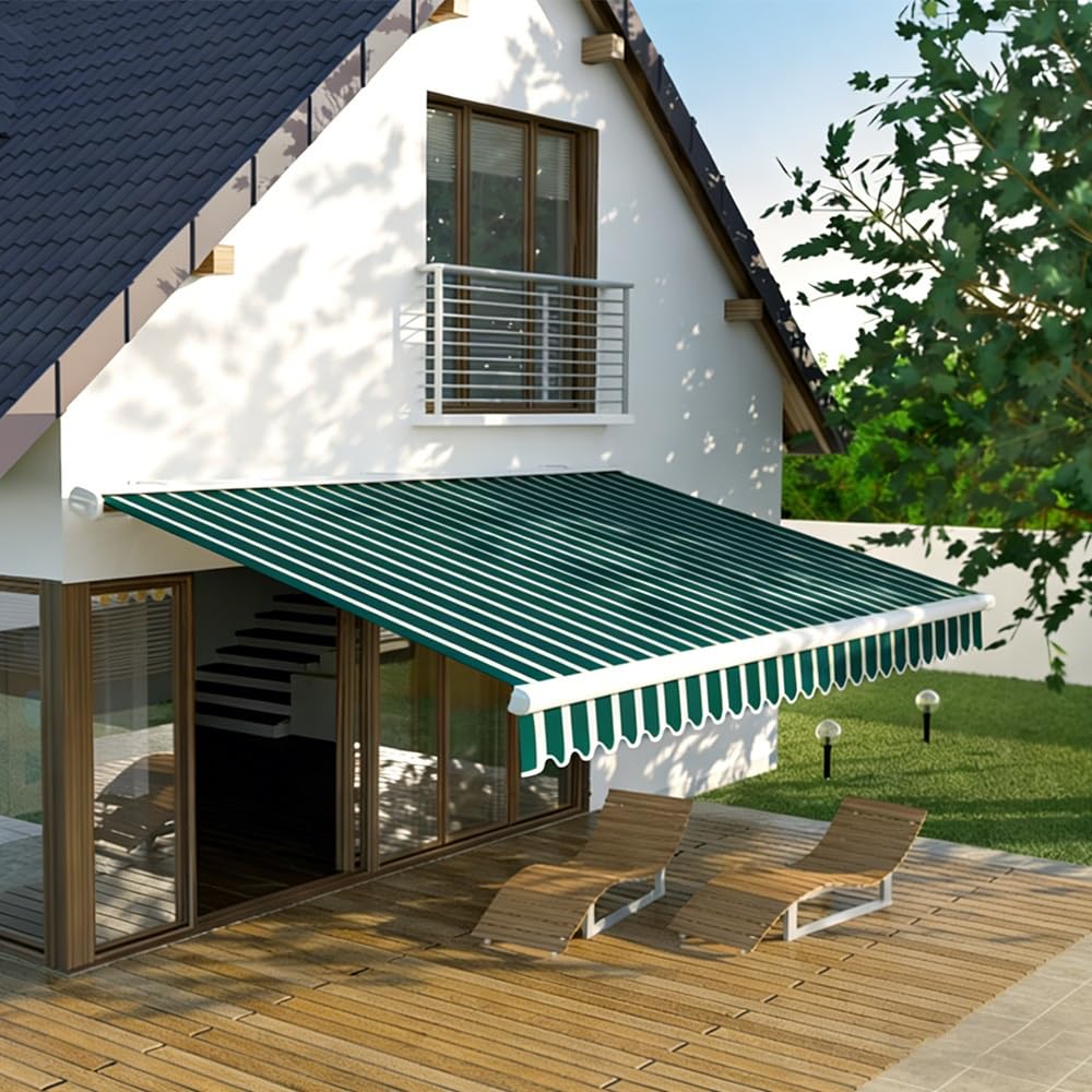 Toile De Rechange pour Store Banne Et Auvent De Terrasse 3.6x3m Tissu Polyester Anti-UV Et Imperméable avec Volants, pour Balcon Jardin(Green-White,12x10ft/3.6x3m)