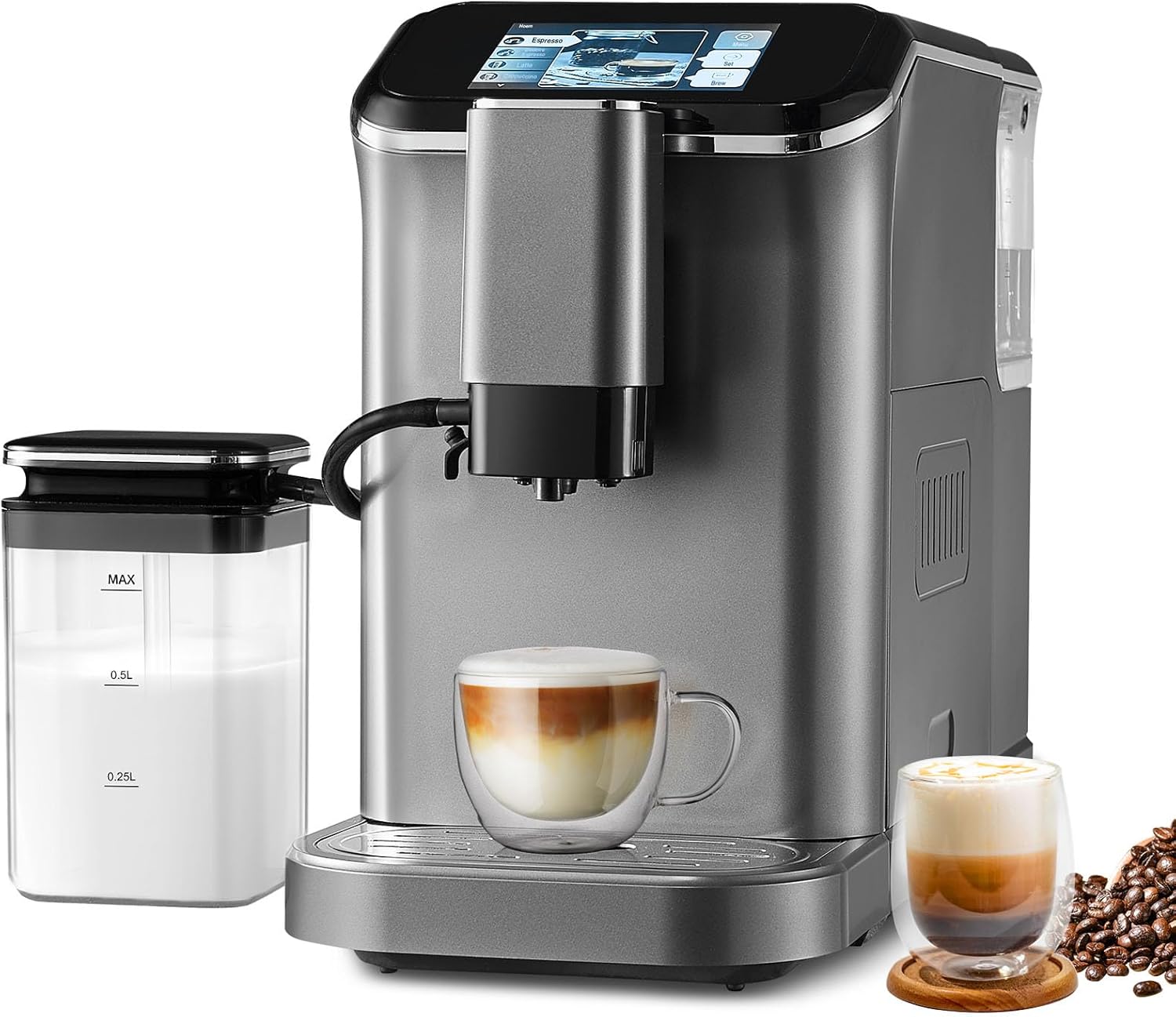 VEVOR Fully Automatic Espresso Machine - with Automatic Milk Frother, 20 Bar Super-Automatic Cappuccino Latte Machine with TFT Touch Screen, Grinder, 15 Grinding Levels, and Removable Milk Reservoir