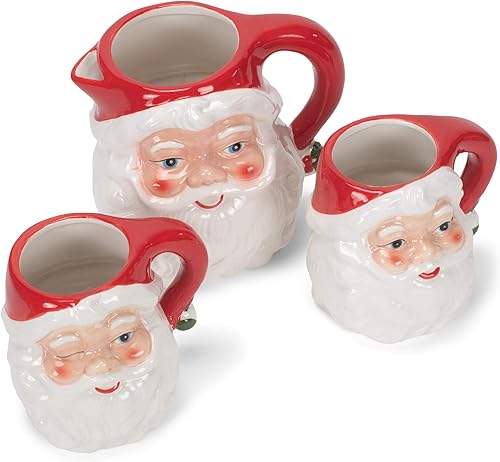 Miniatura 5 de Transpac Juego de 2 tazas navideñas de cerámica de dolomita con caras de Papá Noel sonriente y guiñando un guiño vintage de 12 onzas