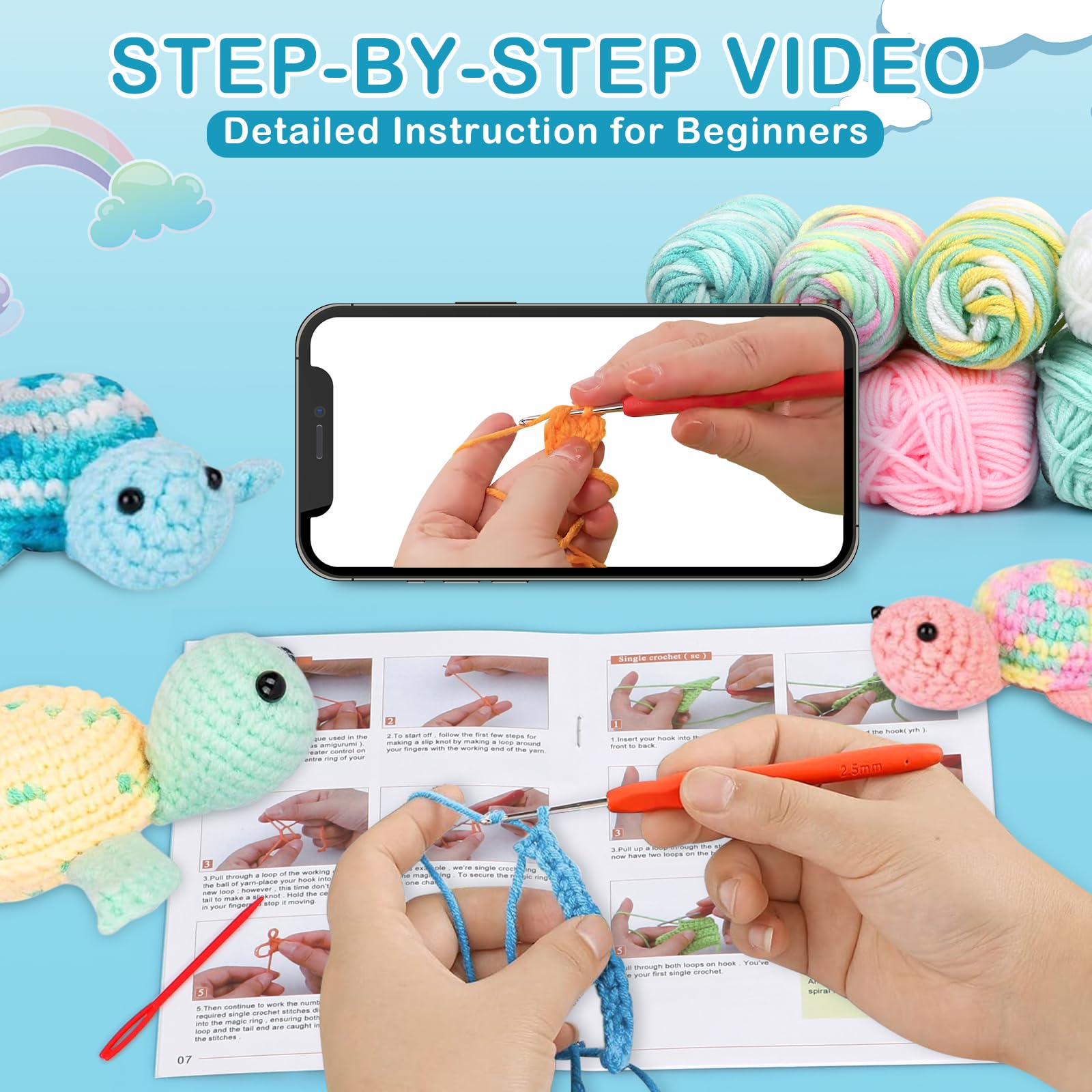 UXORSN Kit per Lavorare a Uncinetto per Principianti 3 Pezzi Adorabile Tartaruga Animali Crochet Kit Forniture Tessuto Uncinetto Peluche con Filato Gancio Istruzioni Passo Uncinetto Crafts per Adulti