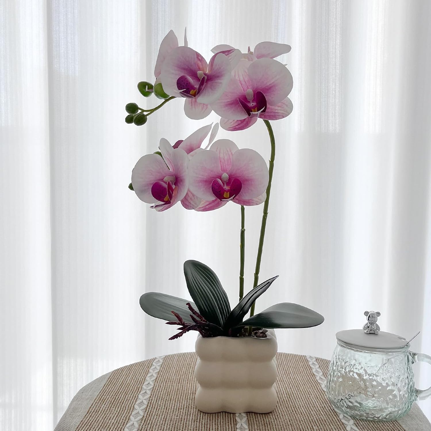 Artificial Orchids in Vase, Purple and White, 14 in Height, Home Decor Orchid Artificial Flowers