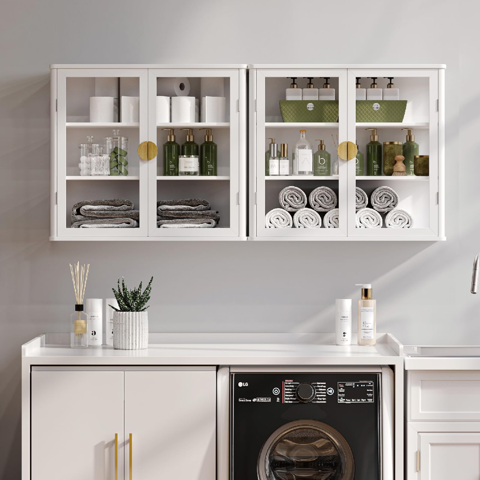 56" Kitchen Wall Cabinets,Display Wall Mounted Cabinet,Floating Cabinet with Glass Doors,Over The Toilet Storage Cabinets, Upper cabinets for Launtry, Kitchen,Bathroom, Gold Handle