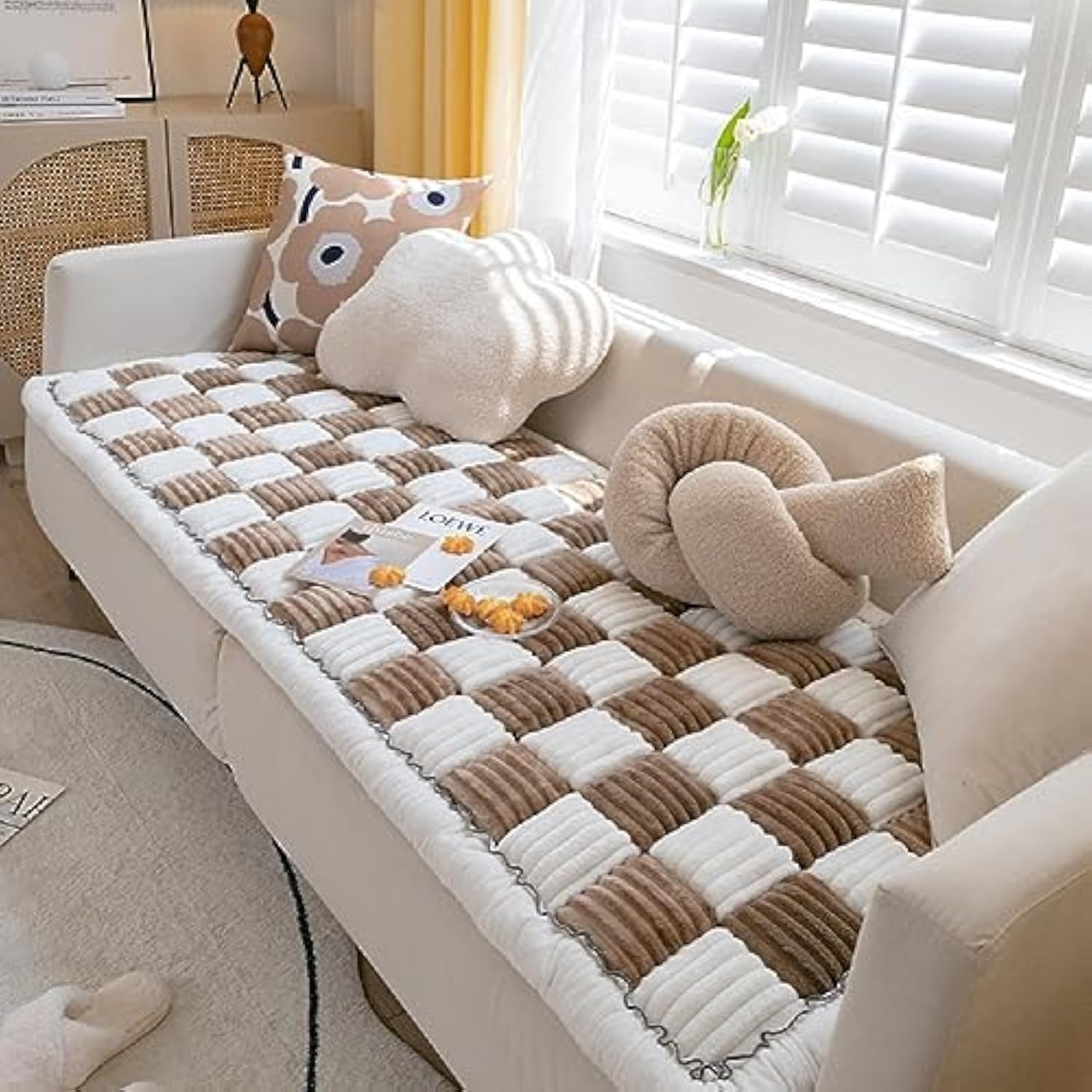 Yoovat Funny Pet Couch Covers for Sofa Plush Checker Plaid Sofa Covers for Pets Washable 3 Cushion Couch Sofa Mat Friendly (Cream Dark Coffee, 70x180