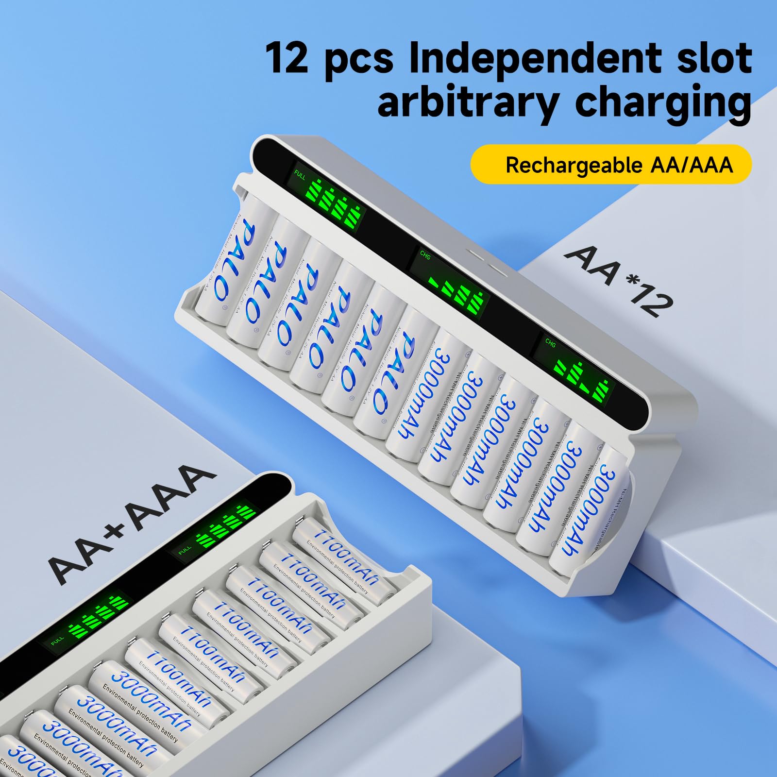 12 piles rechargeables 3000mAh AA avec chargeur, USB type-C 5v2A écran LCD chargeur rapide avec 12 emplacements pour piles rechargeables 1,2 V NiMH AA AAA