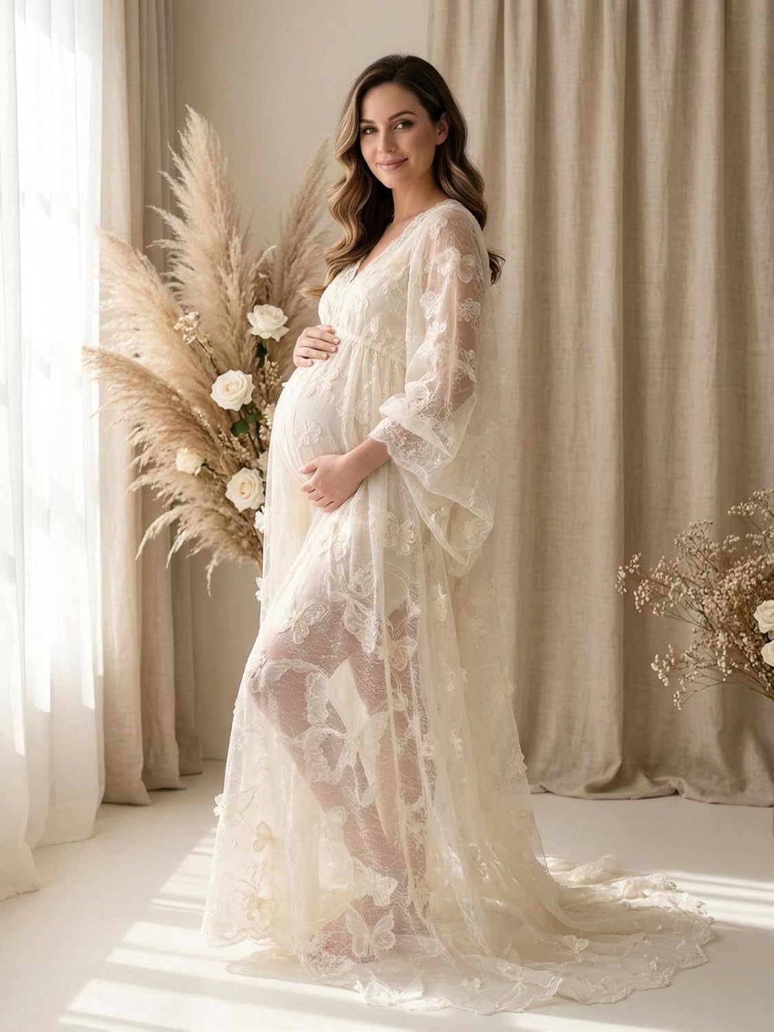 3D Butterfly Tulle Maternity Photoshoot Dress for Women 2026 V Neck Long Sleeve Baby Shower Dress