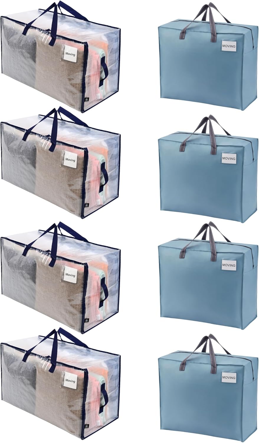 VENO 8 Pack Moving Bags (4 Pack Clear Oversized Storage Moving Bag + 4 Pack Light Blue Large Moving Bags)