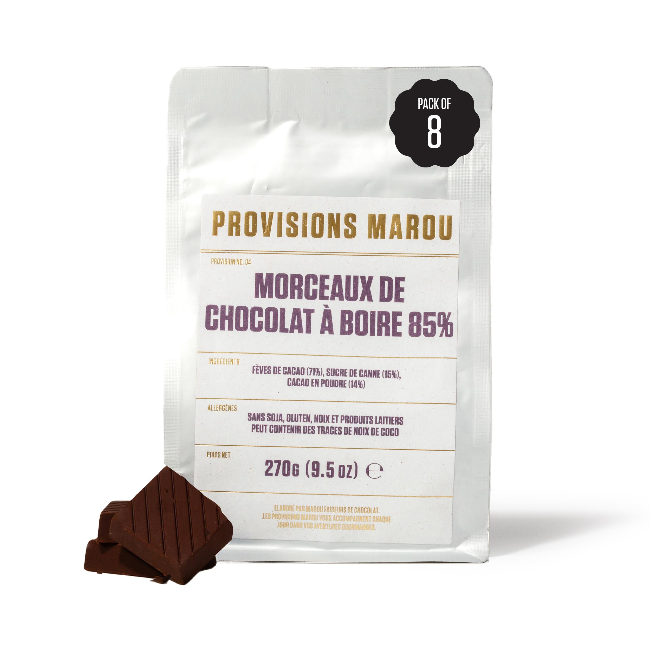 MAROU – Chocolate negro 85% Trozos para beber – 270 g – 3 ingredientes, sin gluten ni conservantes ni aditivos – Origen Vietnam (Caja de 8)