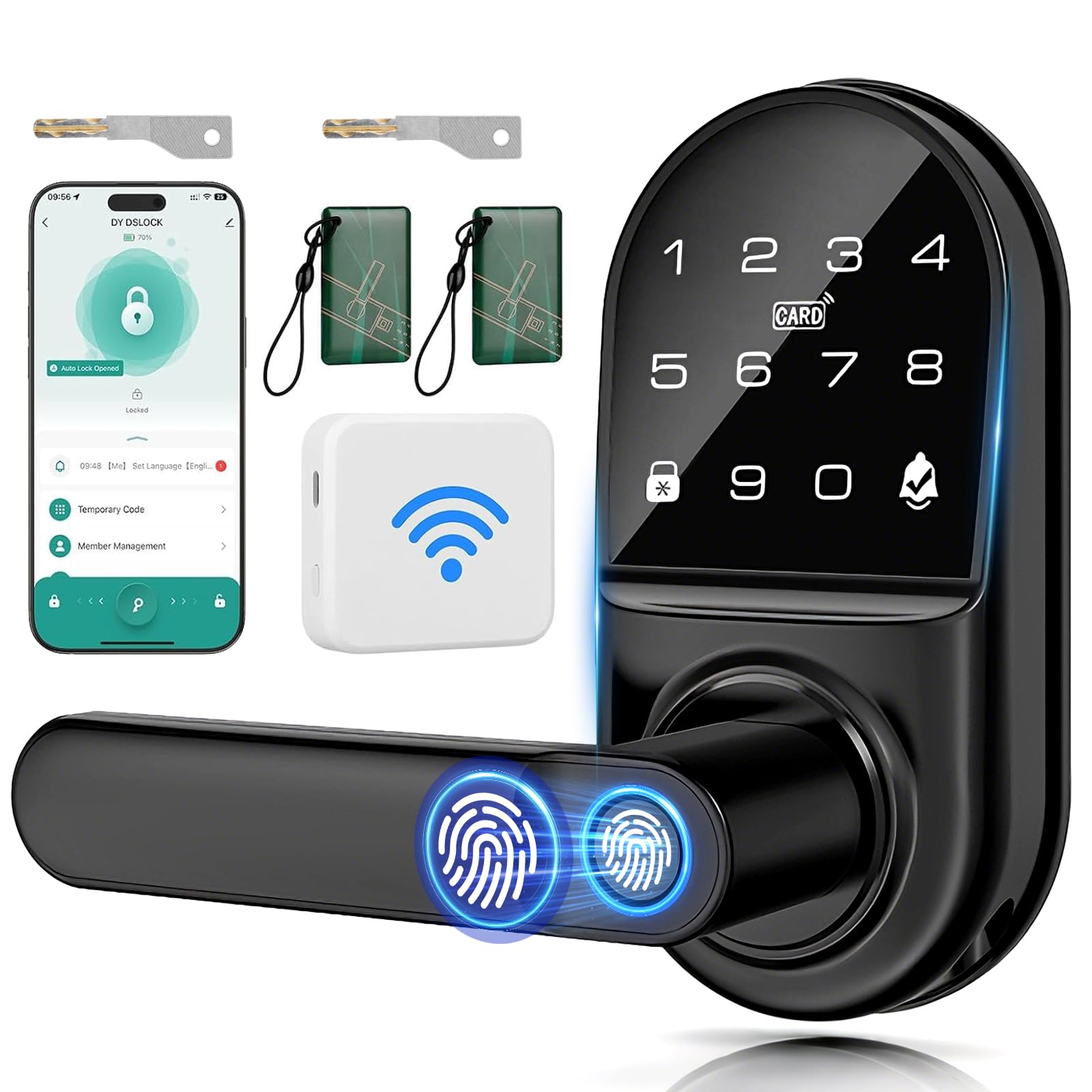 Smart Door Lock with【Gateway】, 7 in 1 Fingerprint Door Lock Remote App Control, Password, IC Card, Keys, NFC, Built-in doorbell for Front Door Bedroom Hotel Office Apartment and More