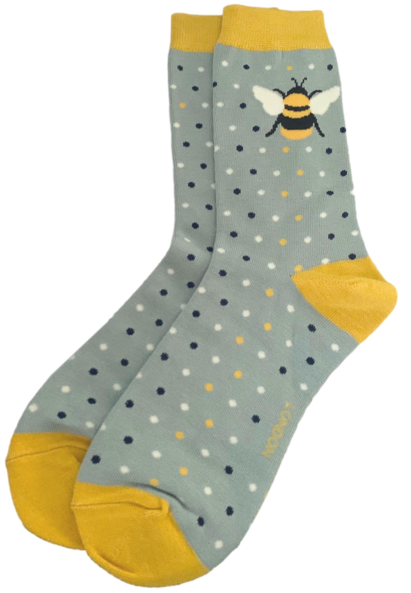 Purple Possum® Bee Socks Ladies Bumble Bees Grey Yellow Polka Dot Spotty Bamboo Cotton 4-7 Shoe Size