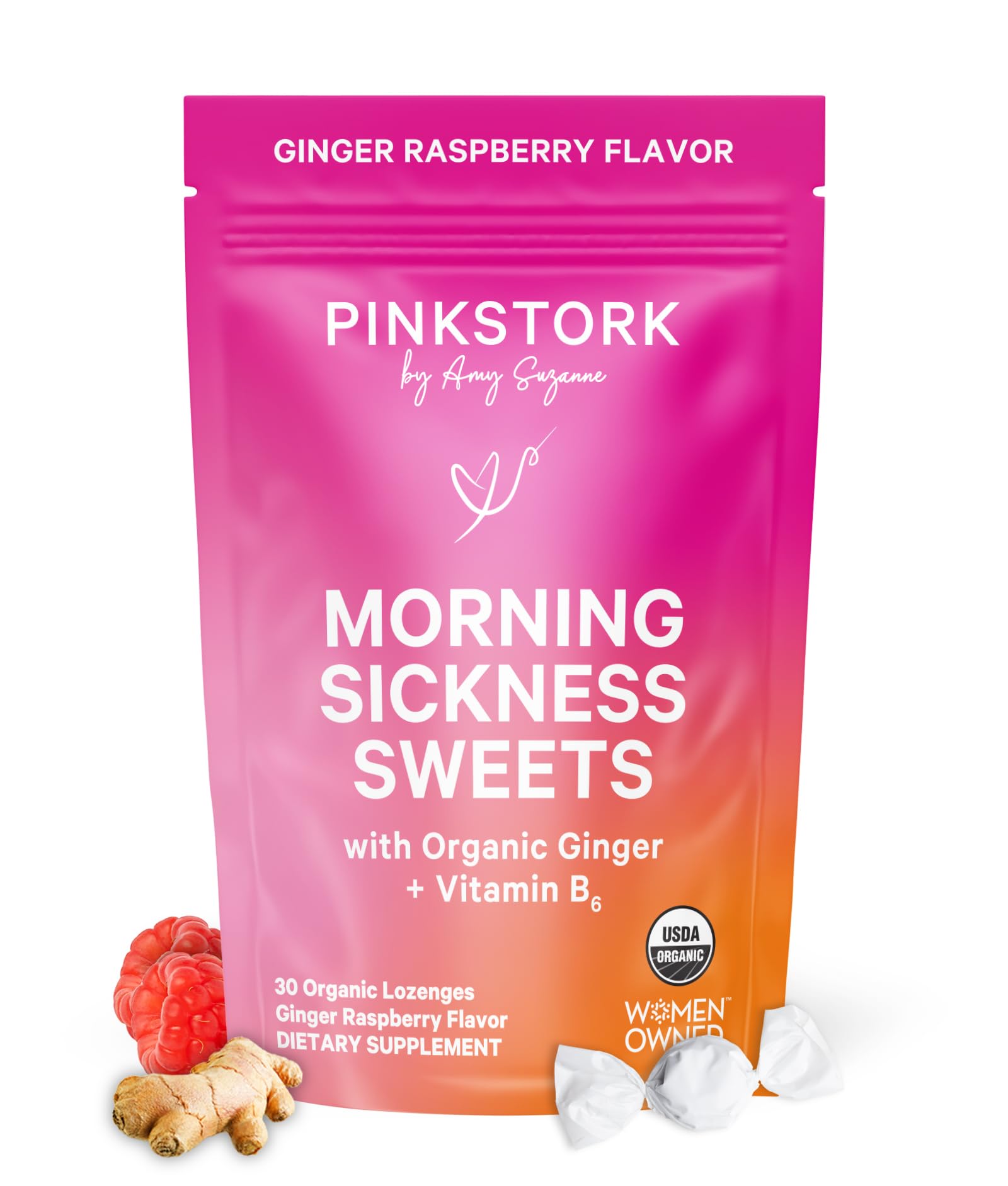 Morning Sickness Sweets, Organic Ginger Raspberry Candy with Vitamin B6 for Morning Sickness, Motion Sickness, Prenatal Heartburn - Pregnancy Must Haves - 30 Lozenges