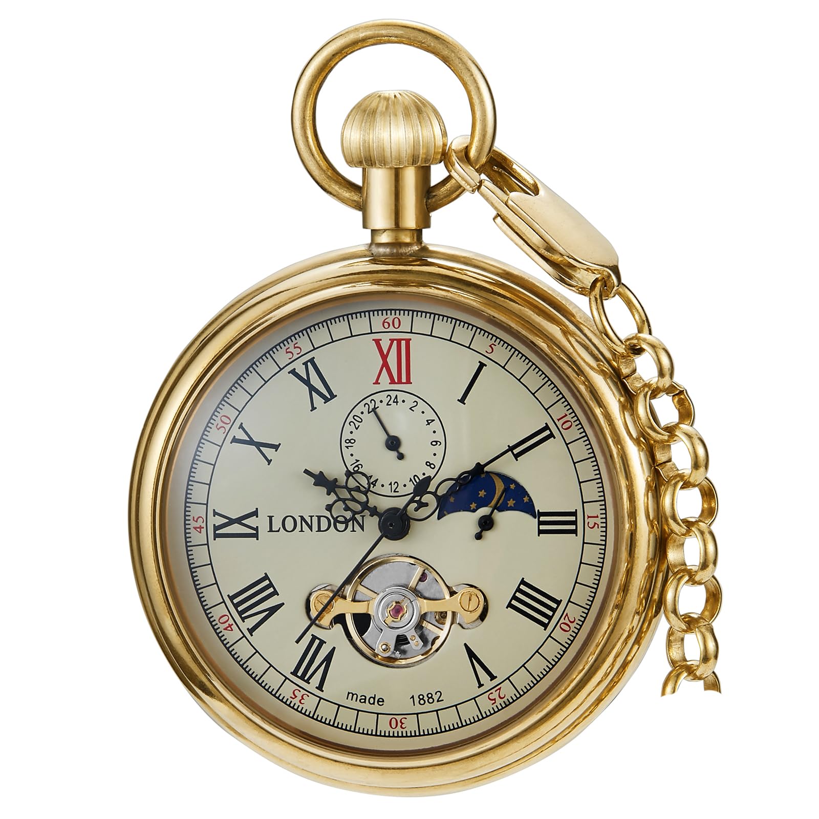 Tiong Stainless Steel London Mechanical Pocket Watch Copper Steampunk Roman Numerals Men's Pocket Watches with Chain for Men