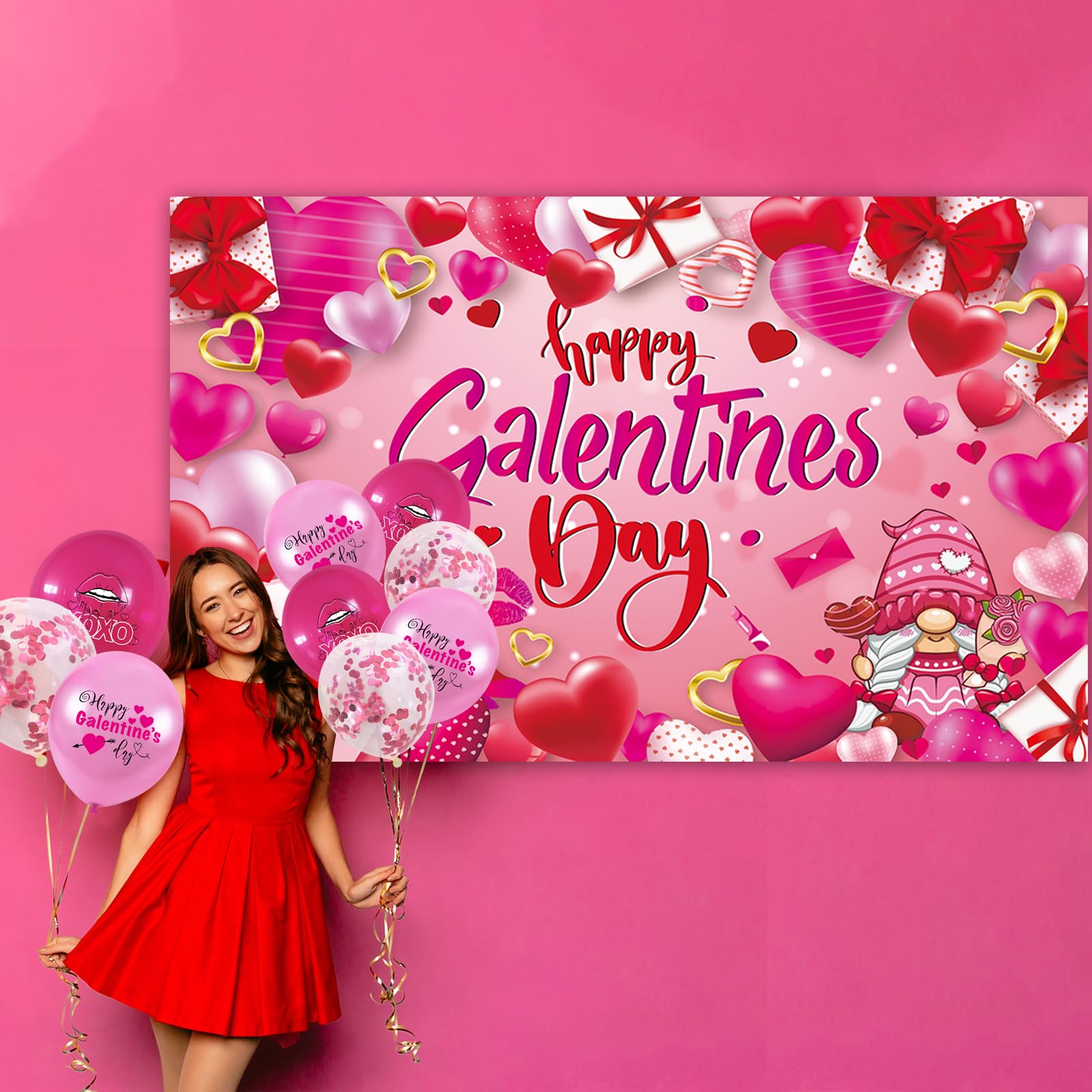 Happy Galentine's Day Banner - Red Glitter Heart Garland For Ladies Party Decor, Valentine's Photo Prop