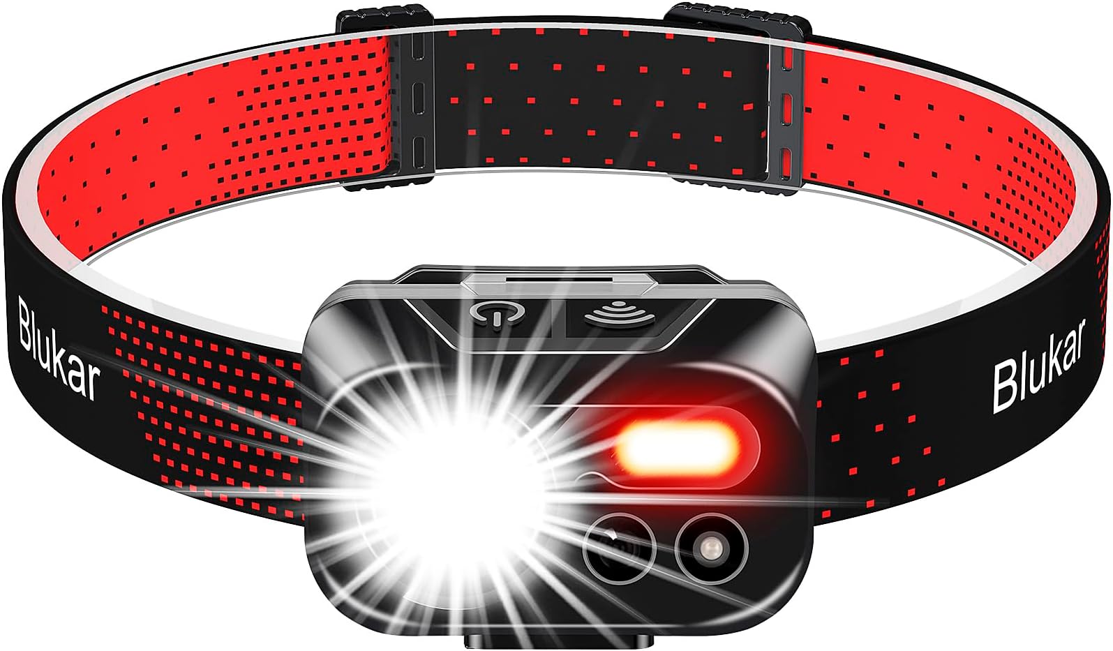 Blukar Head Torch Rechargeable, 2000L Super Bright LED Headlamp Headlight with Sensor Control & 7 Light Modes, IPX5 Waterproof, Hands-Free 30 Hrs Runtime for Cycling Power Cuts, Emergency etc, Red [Energy Class A+++]