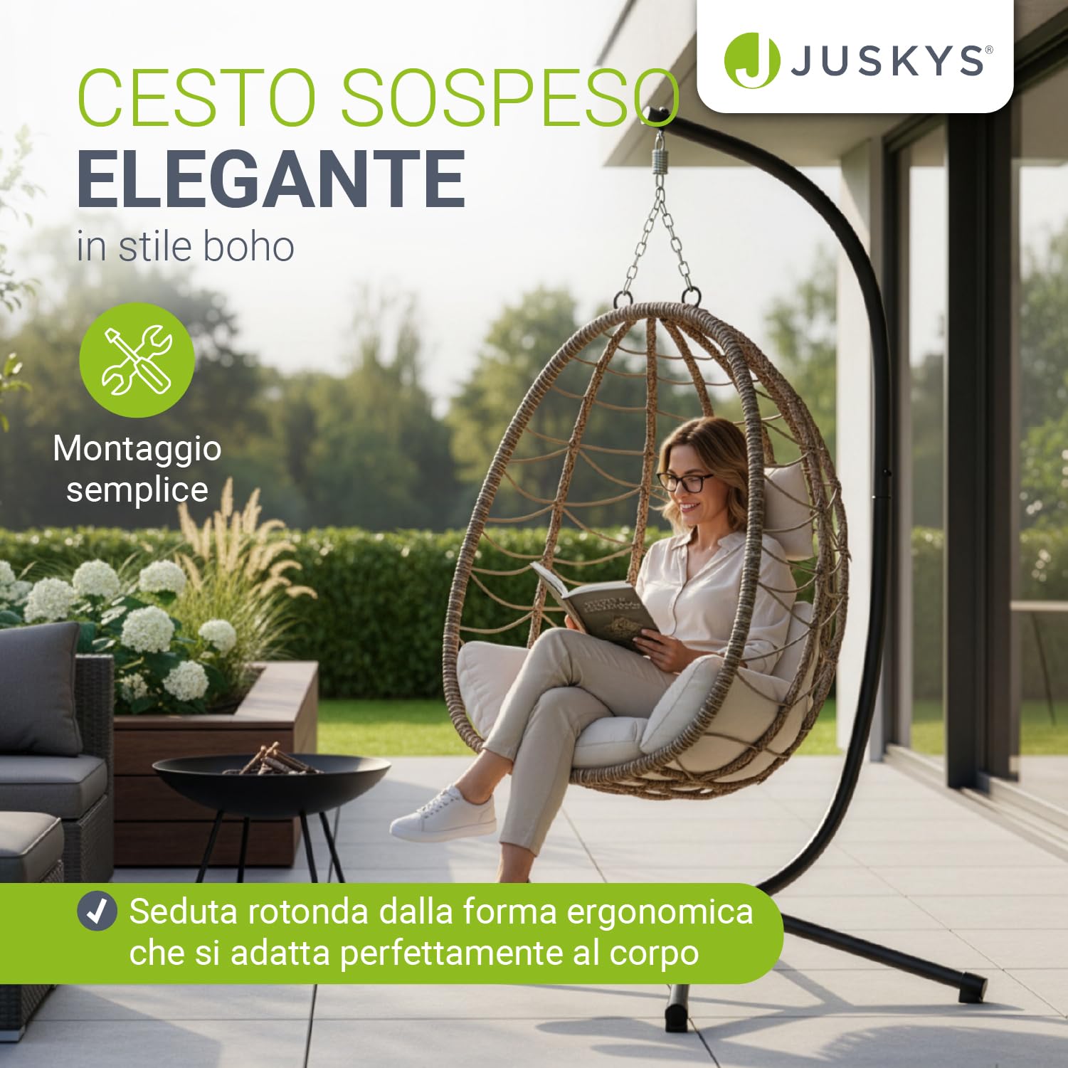 Juskys Sedia sospesa Lani con cuscini - regolabile in altezza e pieghevole - polyrattan dondolo sospeso per esterni e interni - Poltrona a uovo sospesa Beige fino a 130 kg
