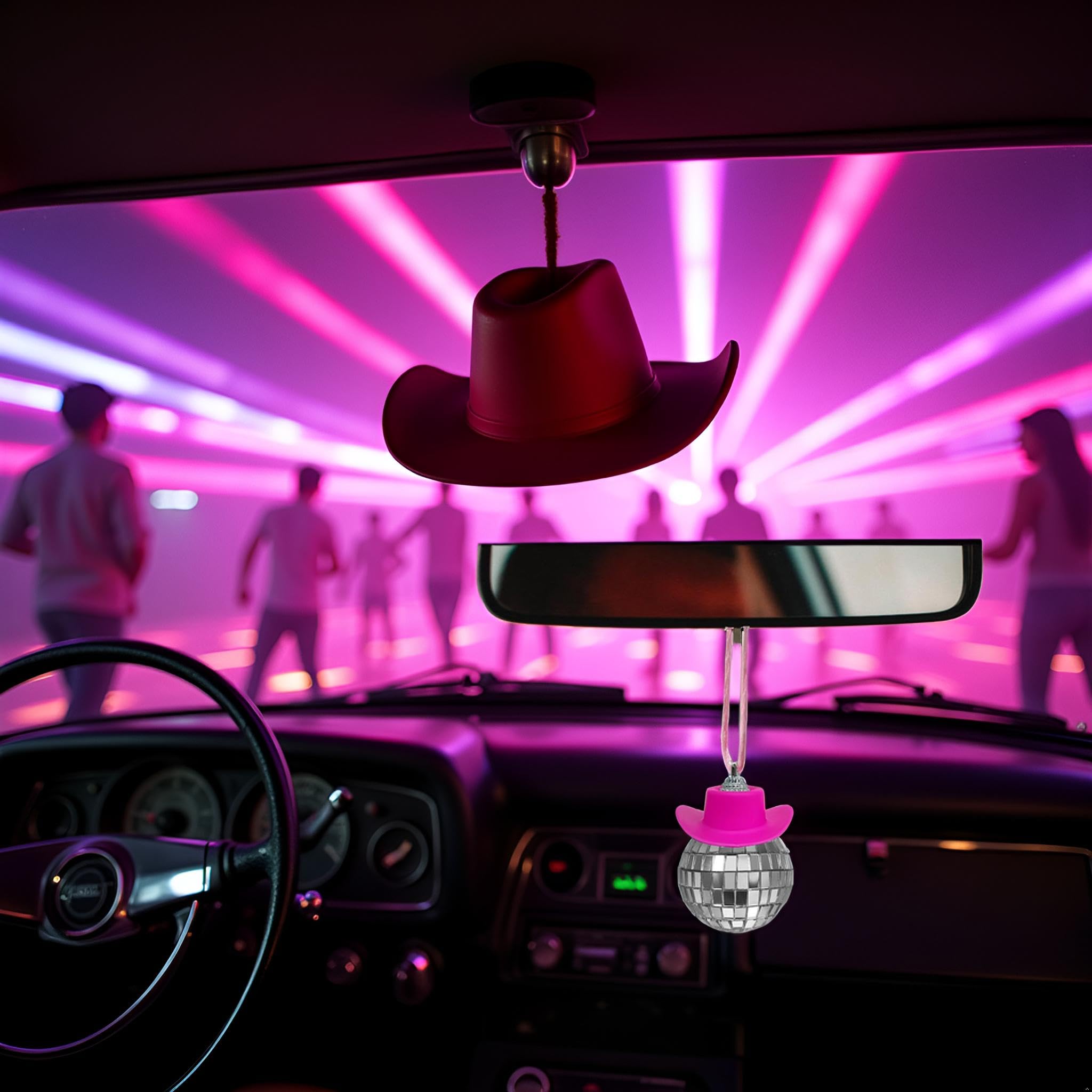 Pink Disco Ball Car Accessory, Disco Car Mirror Ornament, Disco Cowboy Hat Car Charm, Car Disco Decor, Disco Ball for Car Mirror Decor, Disco Car Charm Car Mirror Hanging Accessories