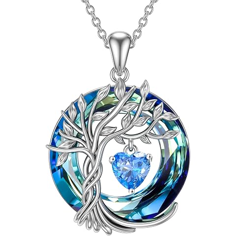 TOUPOP Tree of Life Birthstone Necklaces for Women White Gold Plated 925 Sterling Silver Irish Celtic Tree Jewelry Austrian Crystal Necklace Birthday Anniversary Christmas Gifts for Women Her Wife