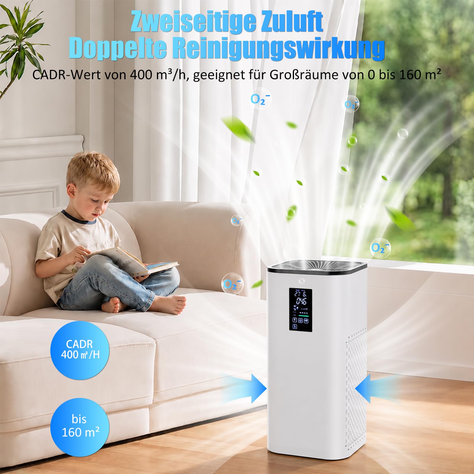 Oczyszczacz powietrza dla alergików CADR 400 m³/h do 160 m², filtr powietrza HEPA Air Purifier w czasie rzeczywistym PM2.5 i wskaźnik temperatury, jonizator, tryb automatyczny, cichy tylko 20 dB