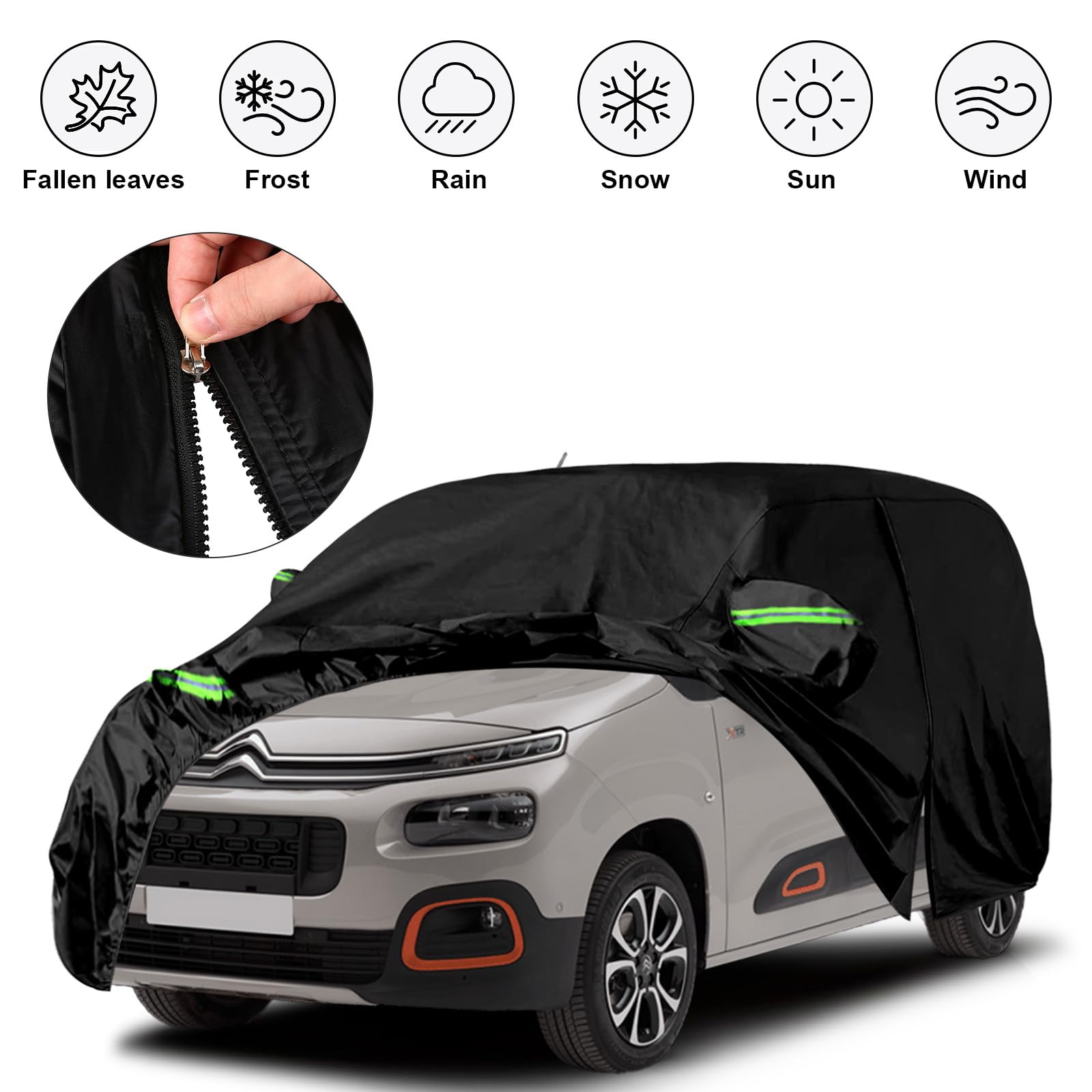 Housse de Protection Voiture pour Citroen Berlingo 2018-2023, LWB Bâche Voiture Étanche avec Fermeture à Glissière, Serrure et Bandes Coupe-vent pour Protection Contre le Soleil, Neige, Pluie