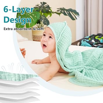 PHF 2 Pack Baby Hooded Towels, 100% Muslin Cotton Baby Bath Towel with Hood for Newborn, Infant, Toddler, Ultra Soft and Absorbent Baby Essentials Bath Towels for Boys Girls, 32x32Inch, Beige & Green