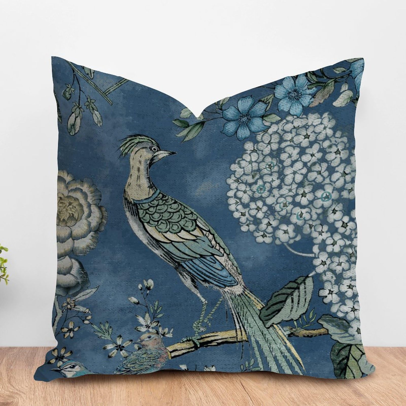 PODbyyou Navy Blue Chinoiserie Bird Farmhouse Cushion Cover Hydrangea Camellia and Peacock Home Decor Cushion Covers Asian Scenic Chinoiserie Double Side Throw Pillow Case 16x16in White Linen