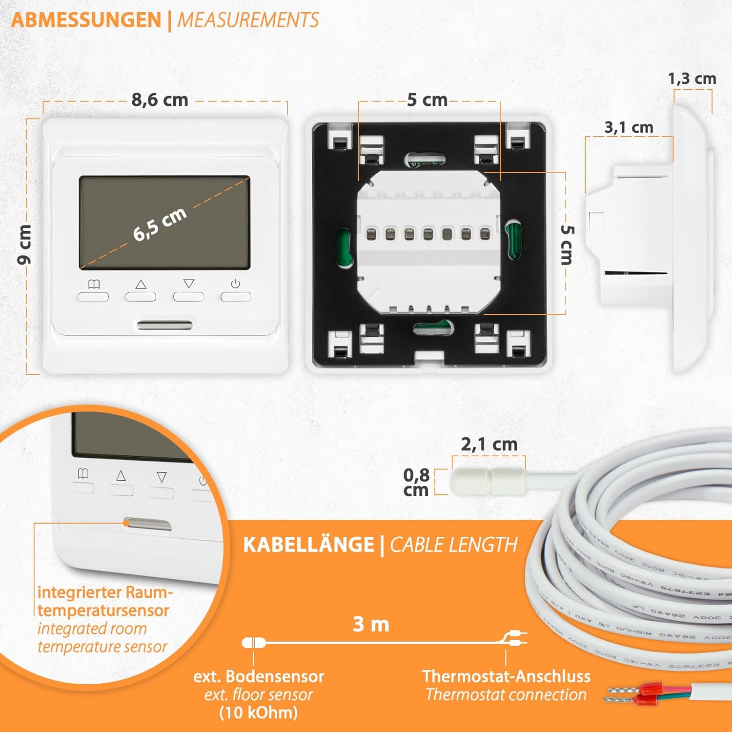 Mi-Heat E51 Thermostat dimensions and cable length