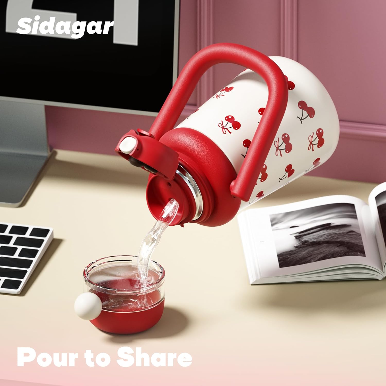 27 oz Insulated Tumbler with Flip Straw, Water Bottle with Handle and Lid, Kids Stainless Steel Vacuum Travel Mug, Leak-Proof, Cute Cups for Women School Birthday Gift, Cherry - Image 4