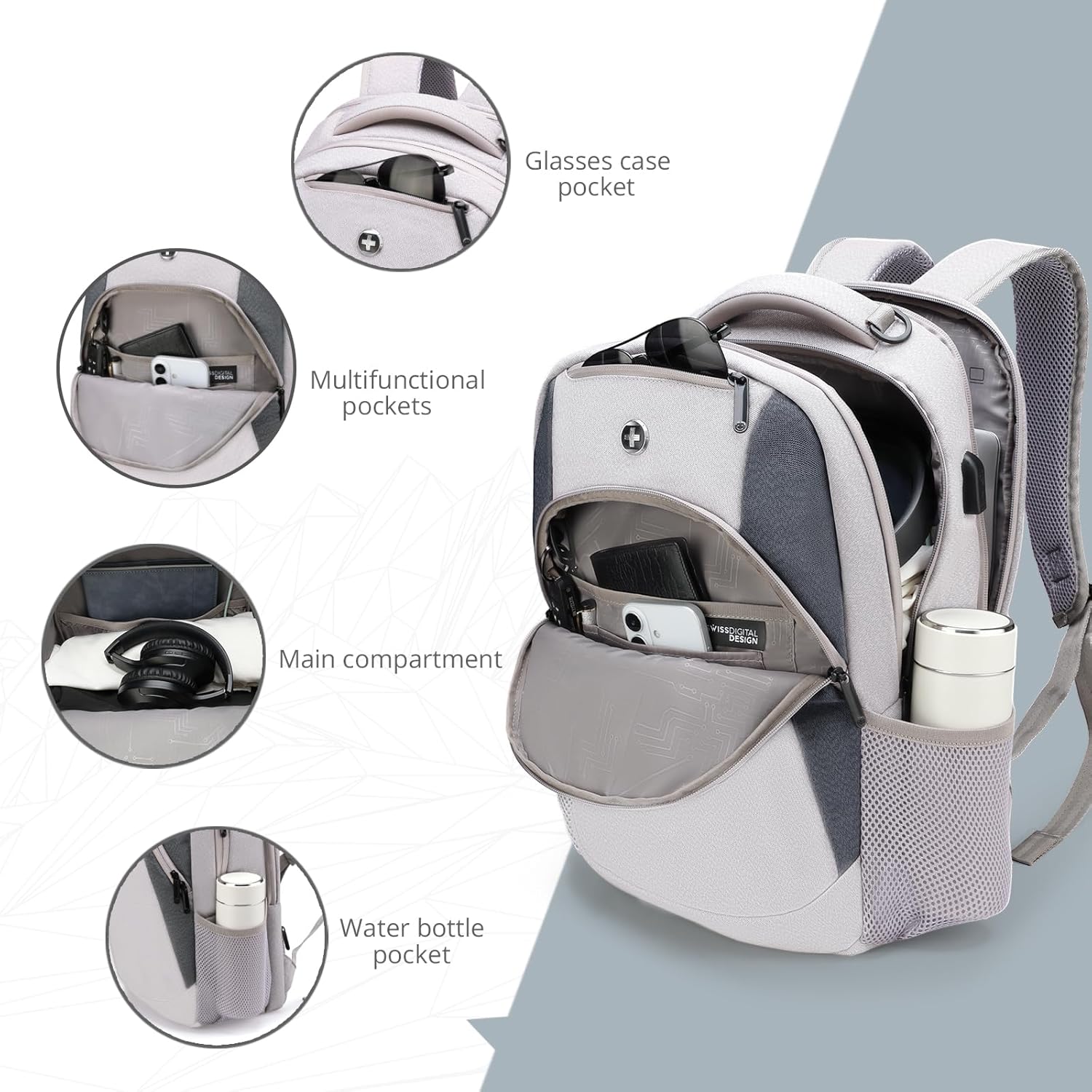 Swissdigital Design Business Laptop Backpack, College Laptops Backpack with USB Charging Port for Men and Women Fits 16 Inch Notebook, Mauve Grey | SD1670-05 - Image 6