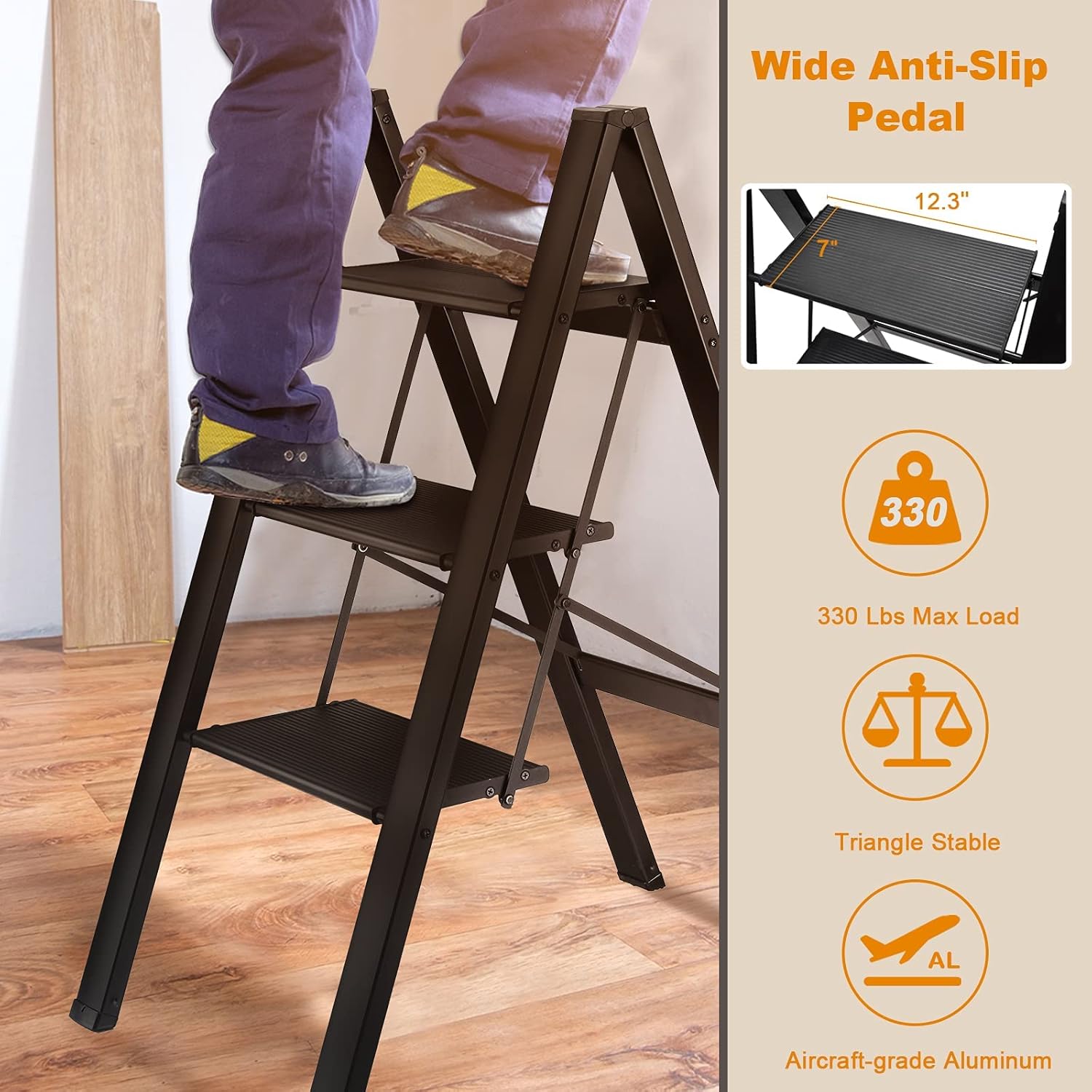 ASoopher 3 Step Ladder, Aluminum Folding Step Stool with Wide Anti-Slip Pedal, 330 Lbs Capacity, Lightweight & Portable Stepladder for Household and Office, Black - - 