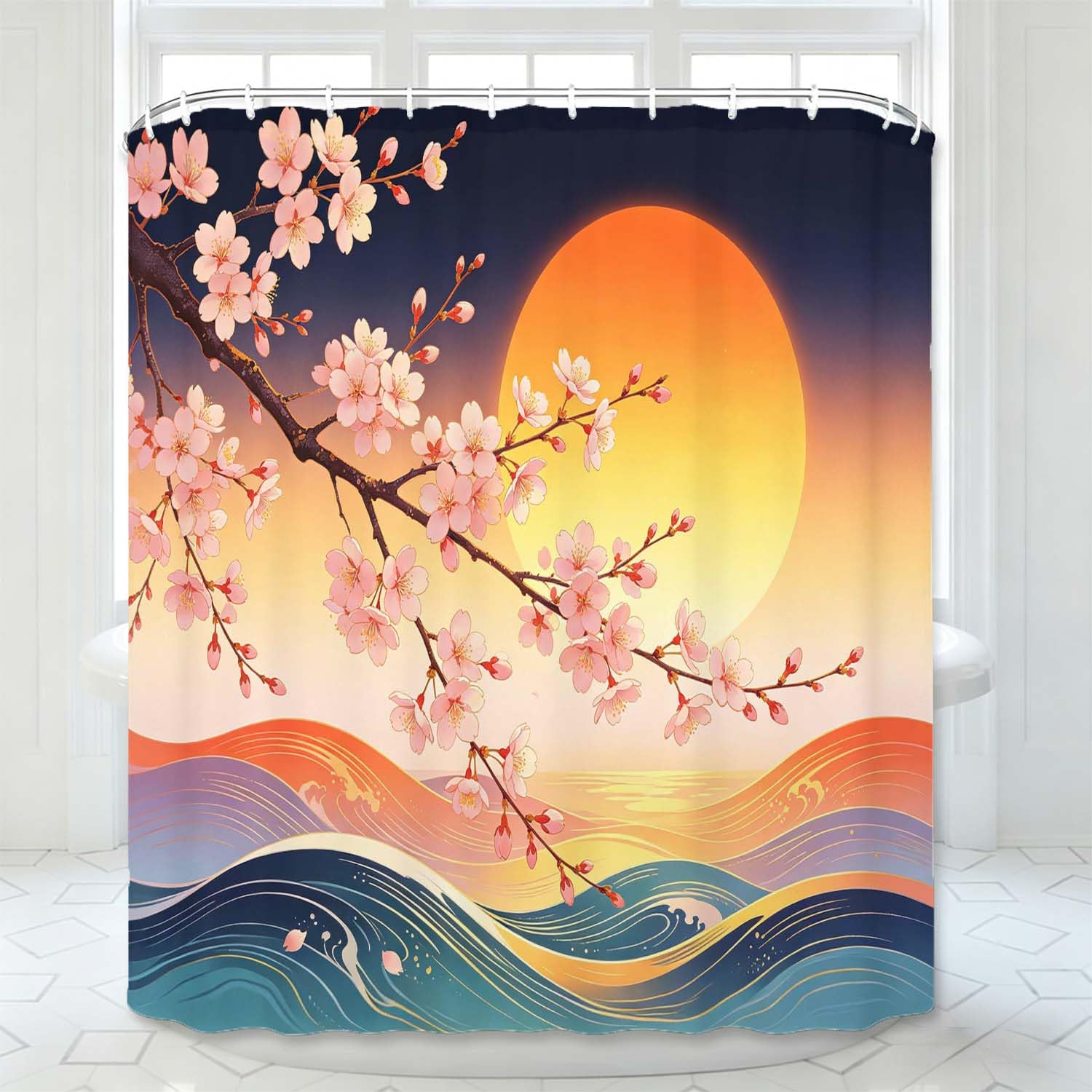 Rideau de Douche Anti Moisissure Fleurs de Cerisier, Rideau de Bain Thème Japonais 3D Rideaux de Douche en Polyester, Imperméable, Lavable en Machine, avec Crochets, 300 x 200 cm 913-YLP