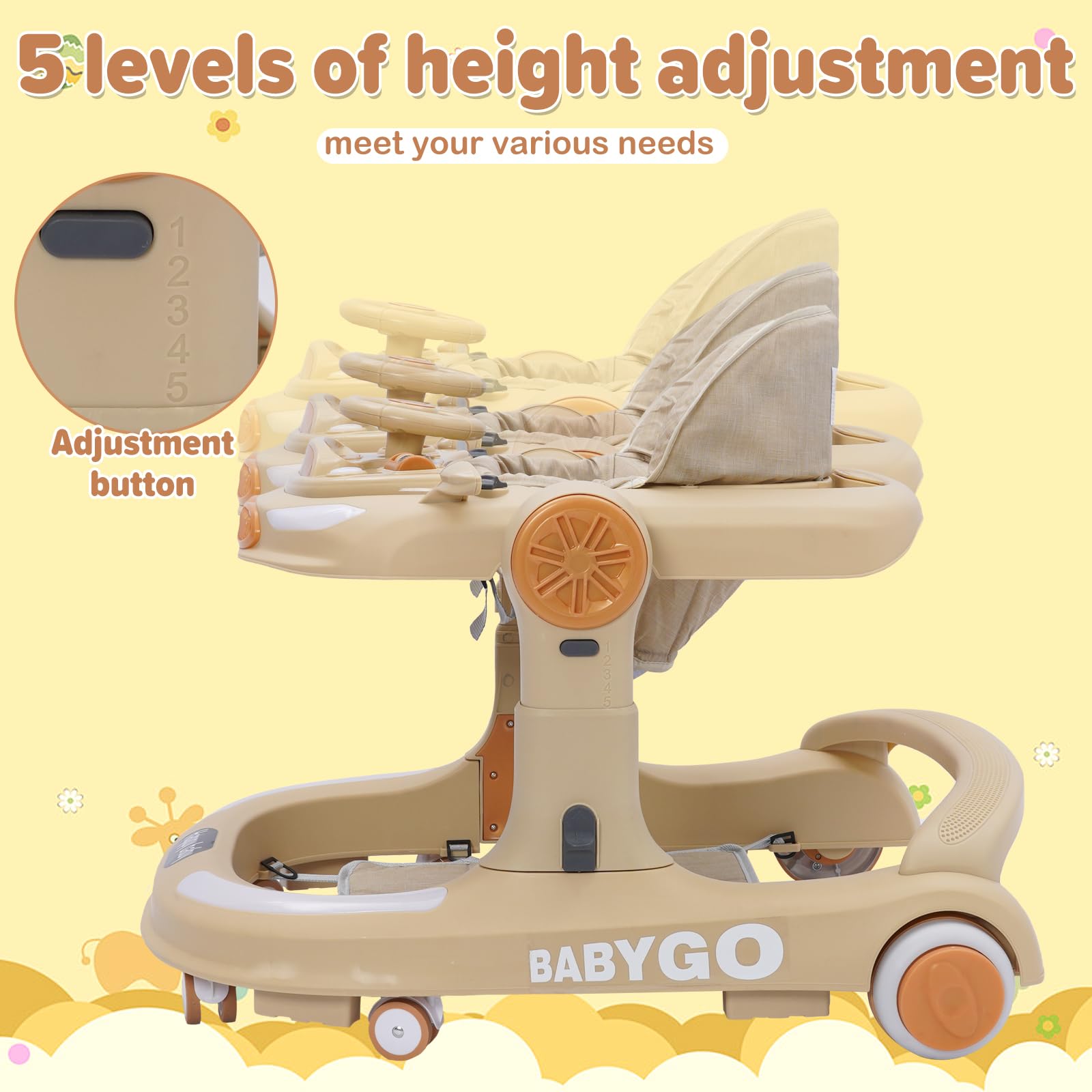Girello Bambini 4 in 1, Girello Pieghevole con Altezza Regolabili, Baby Walker con Vassoio Musicale, Tappetino e Freno, Design Anti-Ccollisione, Primi Passi per Bambini 6-18 Mesi