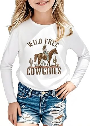 Girls Cowgirl Western Shirt - Kids Rodeo Horse Print Retro Long Sleeve Top