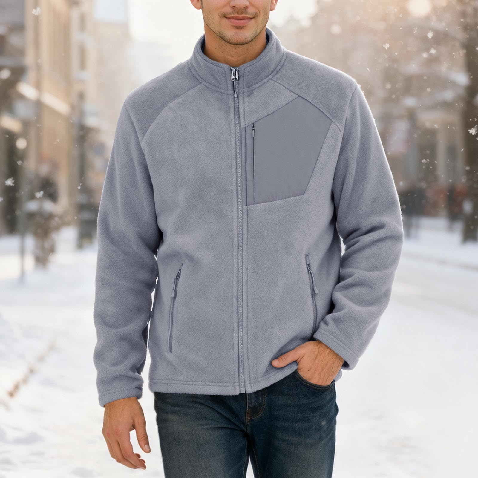 Veste polaire chaude pour homme - Couleur unie - Col montant - Veste d'extérieur avec doublure en polaire - Fermeture éclair intégrale - Veste de sport avec poche zippée - Tissu peluche