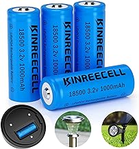 LiFePO4 18500 3.2v 1000mAh 3.2wh Solar Battery, 18500 3.2 Volt Rechargeable Li-ion Battery for Outdoor Solar Lights, Garden Solar Lights, Flashlight (4 Pack)