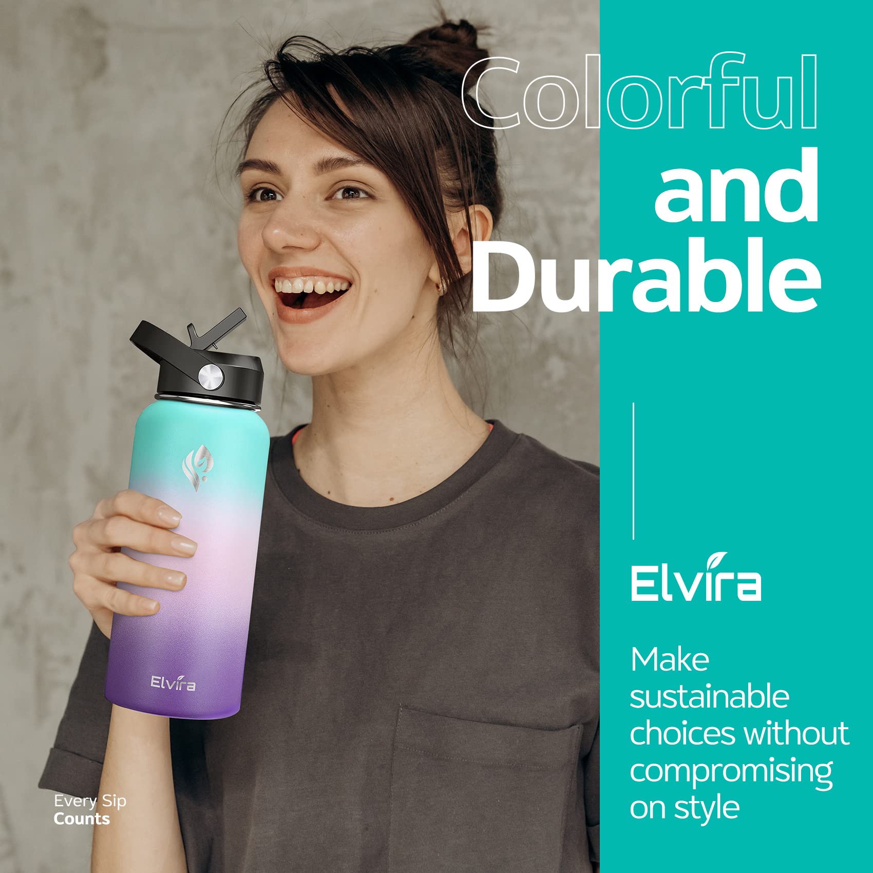 Elvira 32oz Vacuum Insulated Stainless Steel Water Bottle with Straw & Spout Lids, Double Wall Sweat-proof BPA Free to Keep Beverages Cold For 24Hrs or Hot For 12Hrs-Green/Pink/Purple Gradient