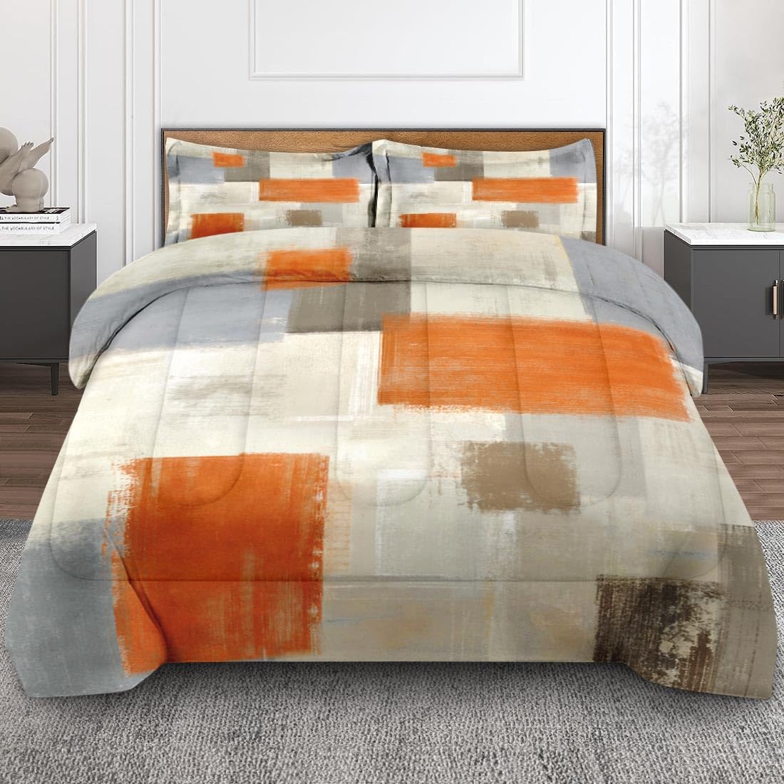 Culudea Beige Orange Painting Comforter Set Queen Size, Grey Gray Contemporary Soft Bedding Set with 2 Pillowcases for Girls Teens Kids Boys Adults