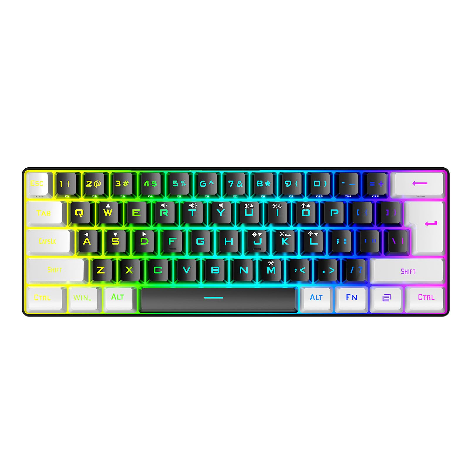 Mechaniczna klawiatura do gier, 61 klawiszy, 60% kompaktowa klawiatura do gier z 7-kolorowym podświetleniem RGB, przewodowa klawiatura USB do laptopa stacjonarnego i podróżna (czarno-biała)