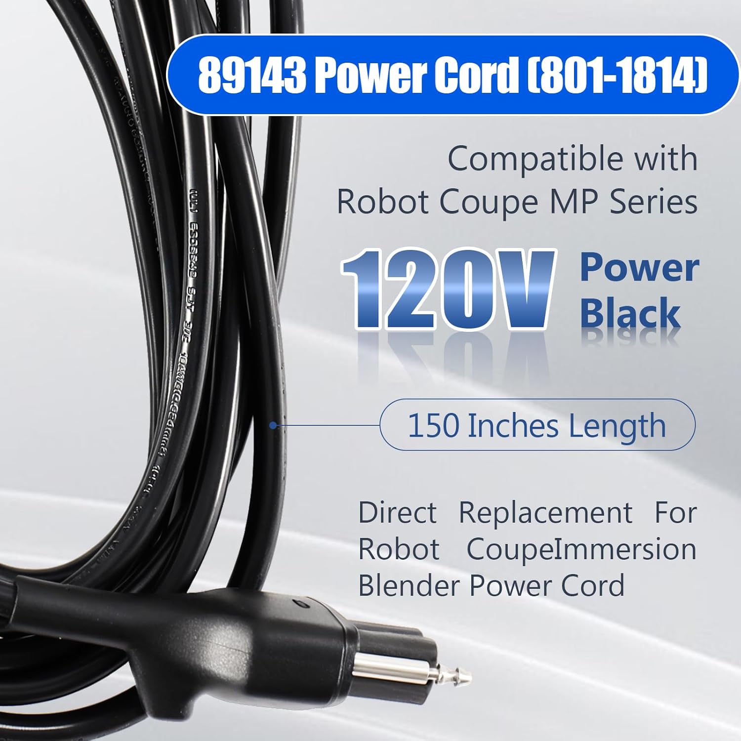 89143 Extended Power Cord Replacement Compatible for Robot Coupe MP Series, 89143 Power Cord for MP Series MP350,MP450,MP550,MP600 and MP800, 120V 89143 150’’ Immersion Blender