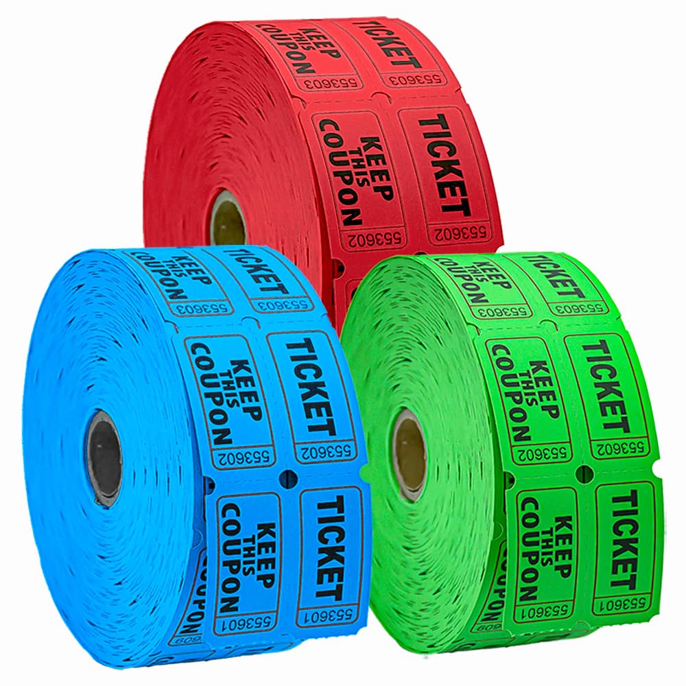 Homrelaxy 3600 boletos dobles para rifa, 1200 boletos por rollo, surtido de boletos de rifa 50/50 para eventos, entradas, carnavales y premios de puerta (azul/rojo/verde)