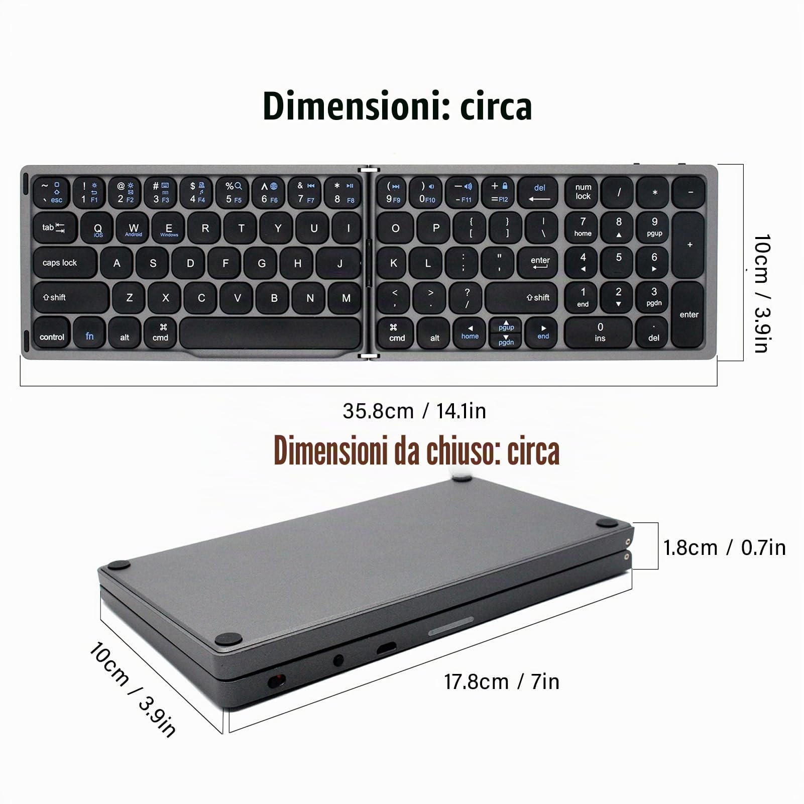 Tastiera Pieghevole Wireless Tastiera Bluetooth Pieghevole Tastiera da Viaggio con Area del Tastierino Numerico Indipendente Per Sistemi IOS Android E Windows 3(Grigio)