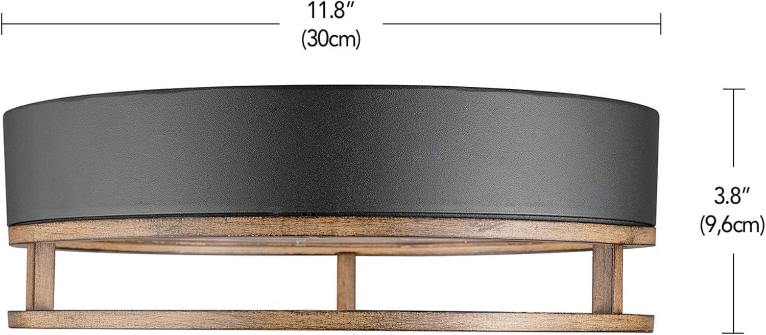 Free Shipping 🛒 Globe Electric 44663 Ray 18.5W LED Integrated Outdoor Indoor Flush Mount Ceiling Light, Matte Black, Faux Wood Accent, 800 Lumens, 3000 Kelvin