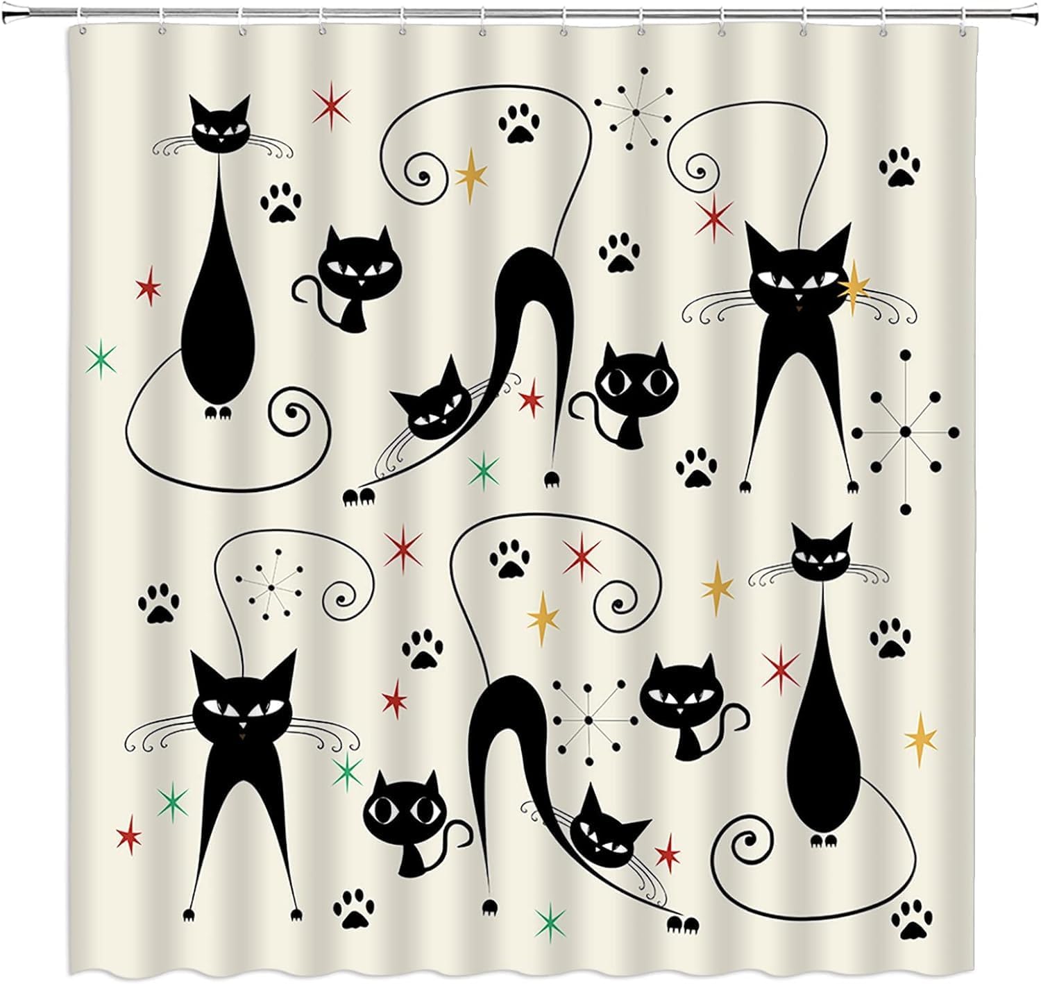 Mid Century Modern Shower Curtain Atomic Cat Diamonds Iconic Sputnik Star Paw Print Retro Abstract Vintage Geometric 1950s 1960s Fabric Bathroom Decor Curtains with Hooks,Pink