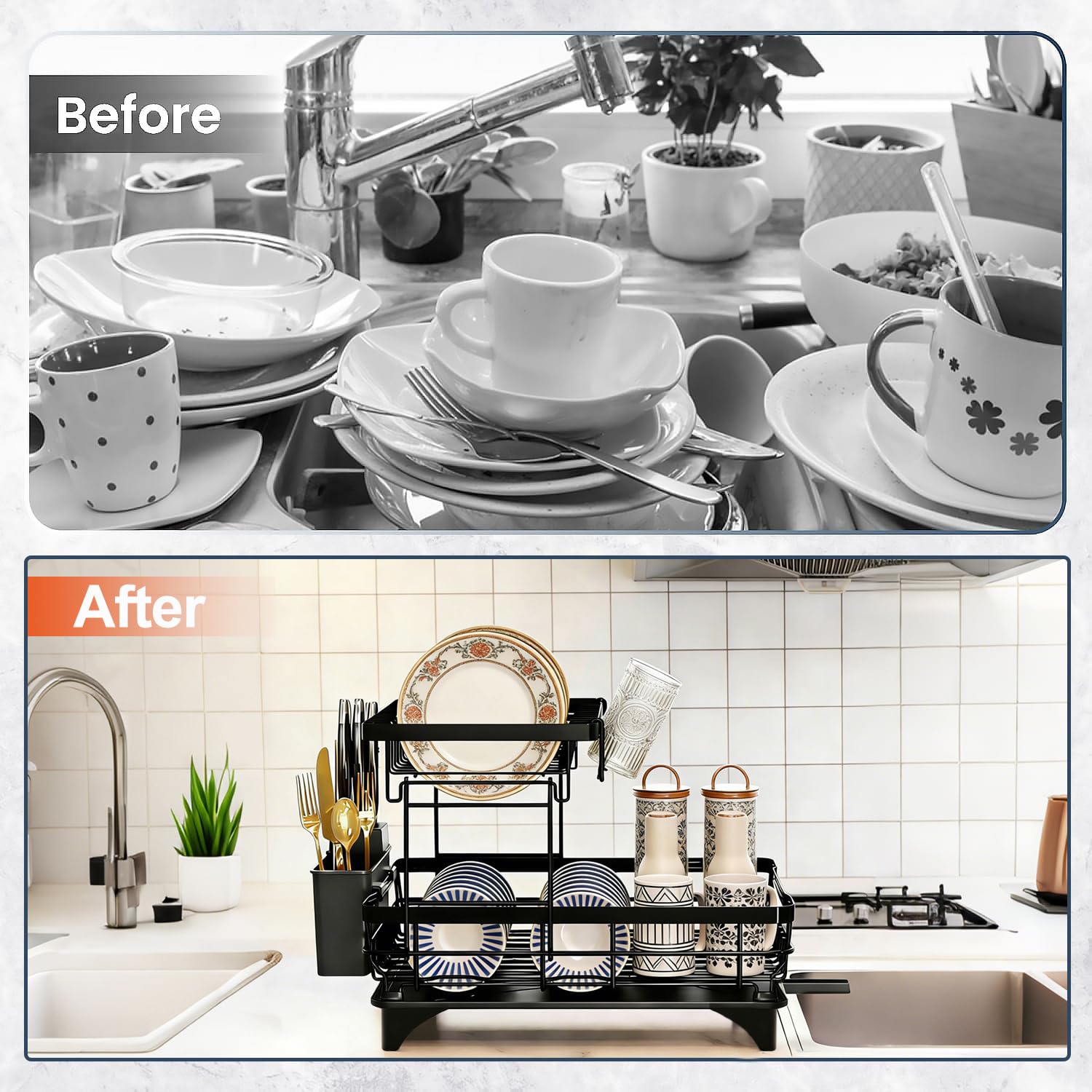 Escurridor de platos de 2 niveles con soporte para cubiertos, bandeja de goteo y salida de agua de 360°, ahorra espacio para platos y tazas de cocina (negro)
