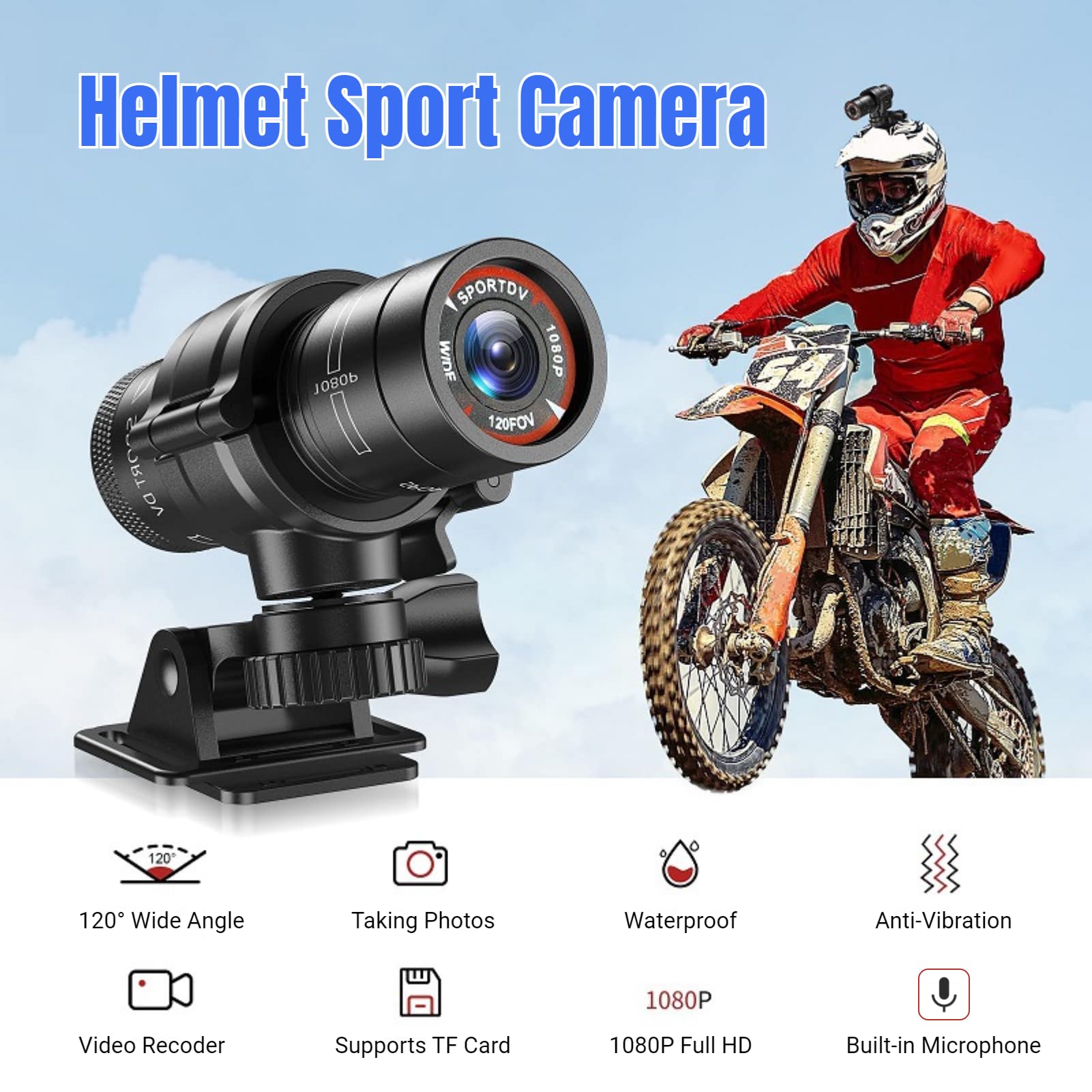Motorcycle Helmet Camera, 1080P 120° Wide Angle Sports Camera with Video & Photo Function, Waterproof Action Camera Camcorder with Bracket, 650mAh Battery