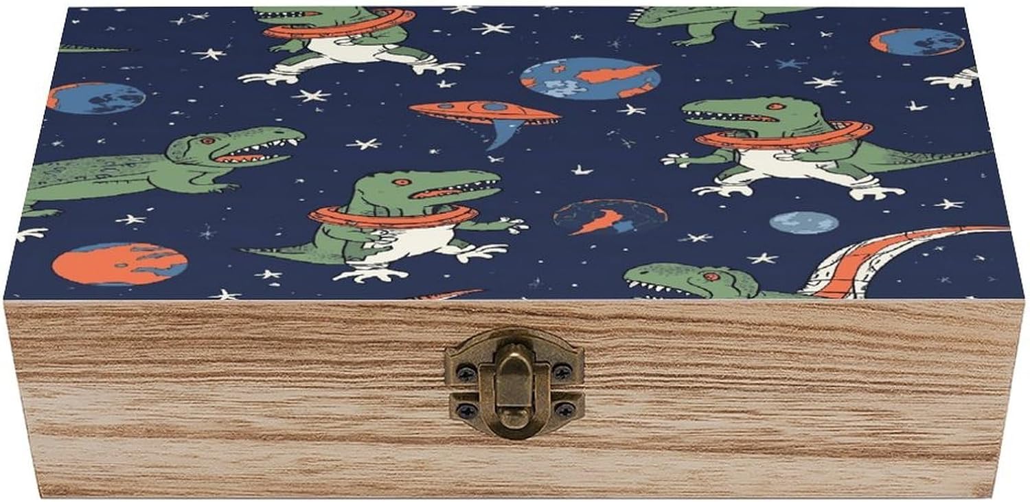 Funny Astronaut Dinosaur Rocket Wooden Keepsake Box Wooden Box with Hinged Lid Decorative Storage Boxes Unique Gift Ideas for Men & Women (Size 7.9" X 3.9" X 2.3")
